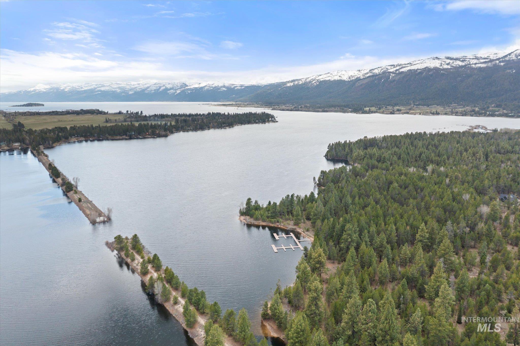 Expansive lakefront property featuring a private dock system, surrounding dense evergreen forest, and distant snow-capped mountains