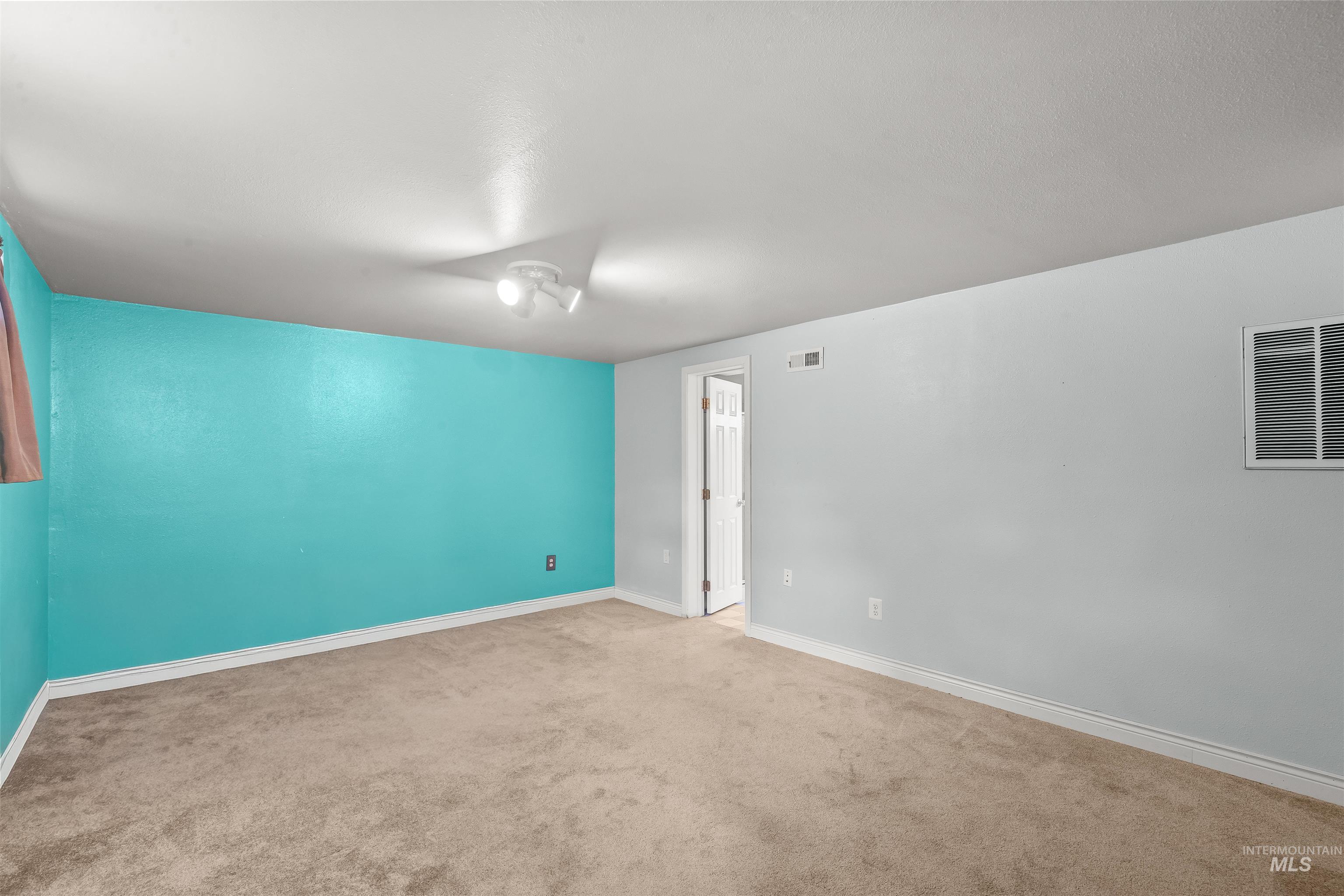 Spacious room featuring neutral carpet flooring, a vibrant accent wall, white trim, and a ceiling-mounted light fixture
