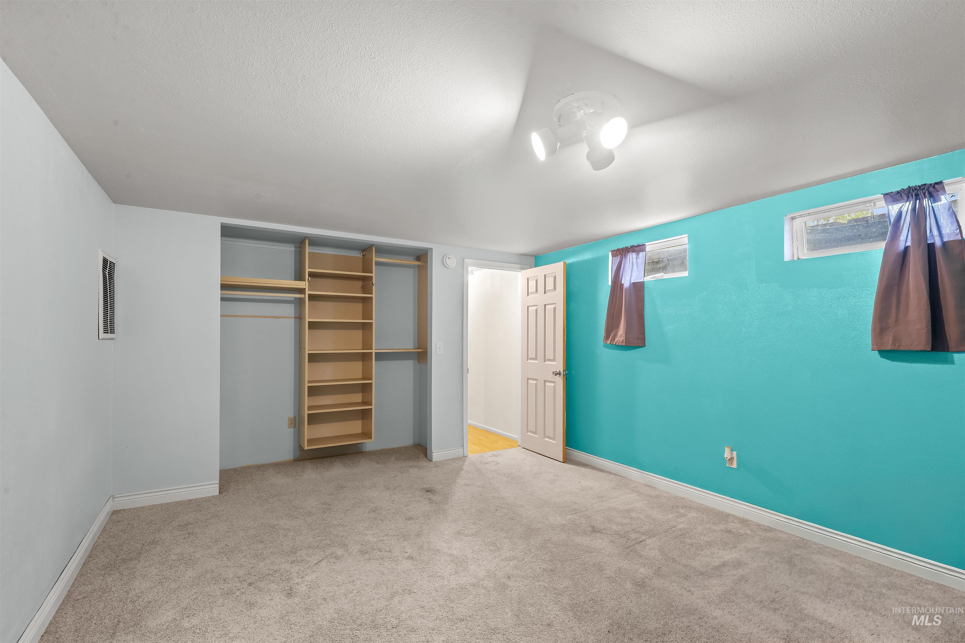 Carpeted room featuring a built-in closet system with shelving and hanging rods, recessed windows, a ceiling-mounted light fixture, and a solid interior door