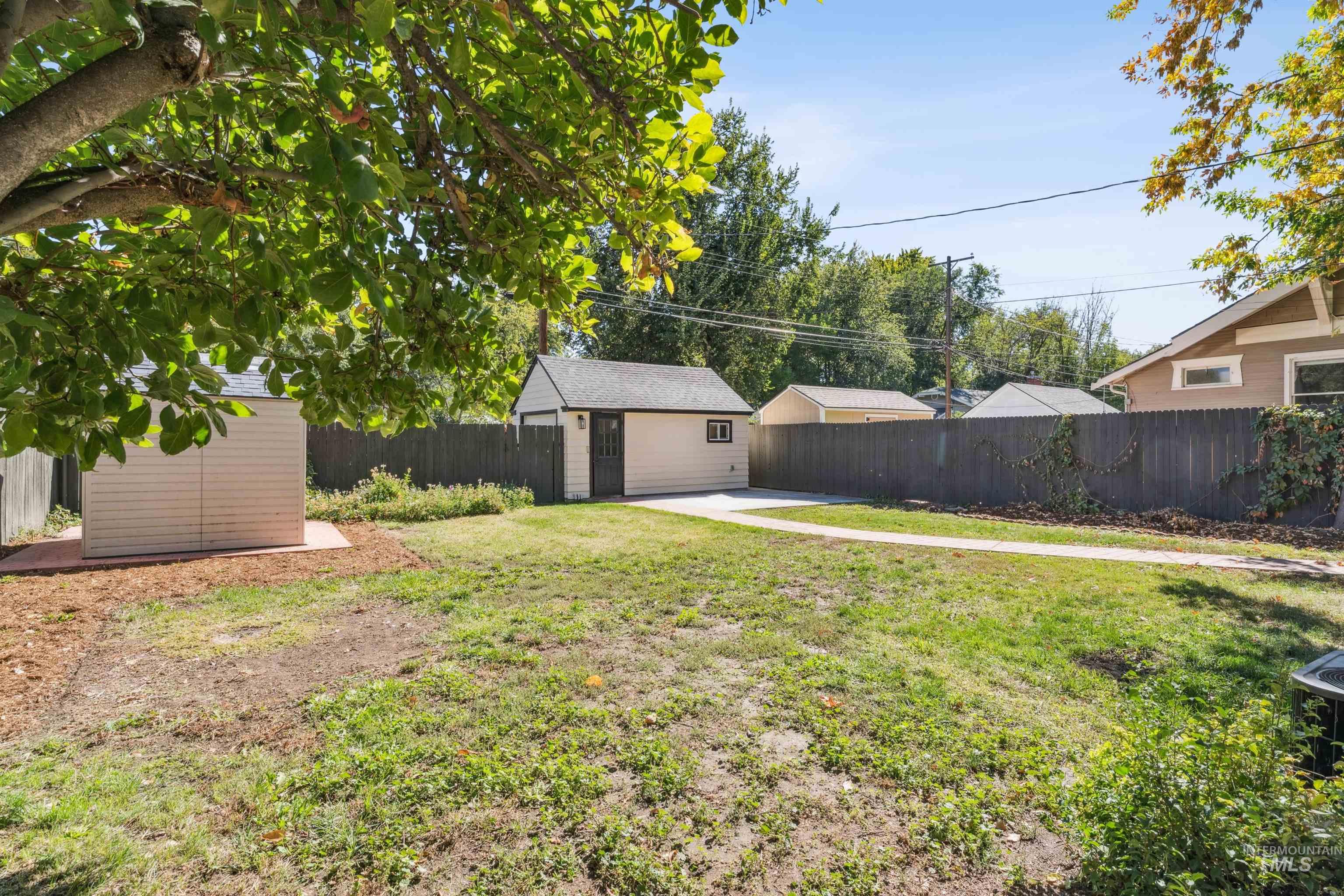 Fenced backyard with a shed
