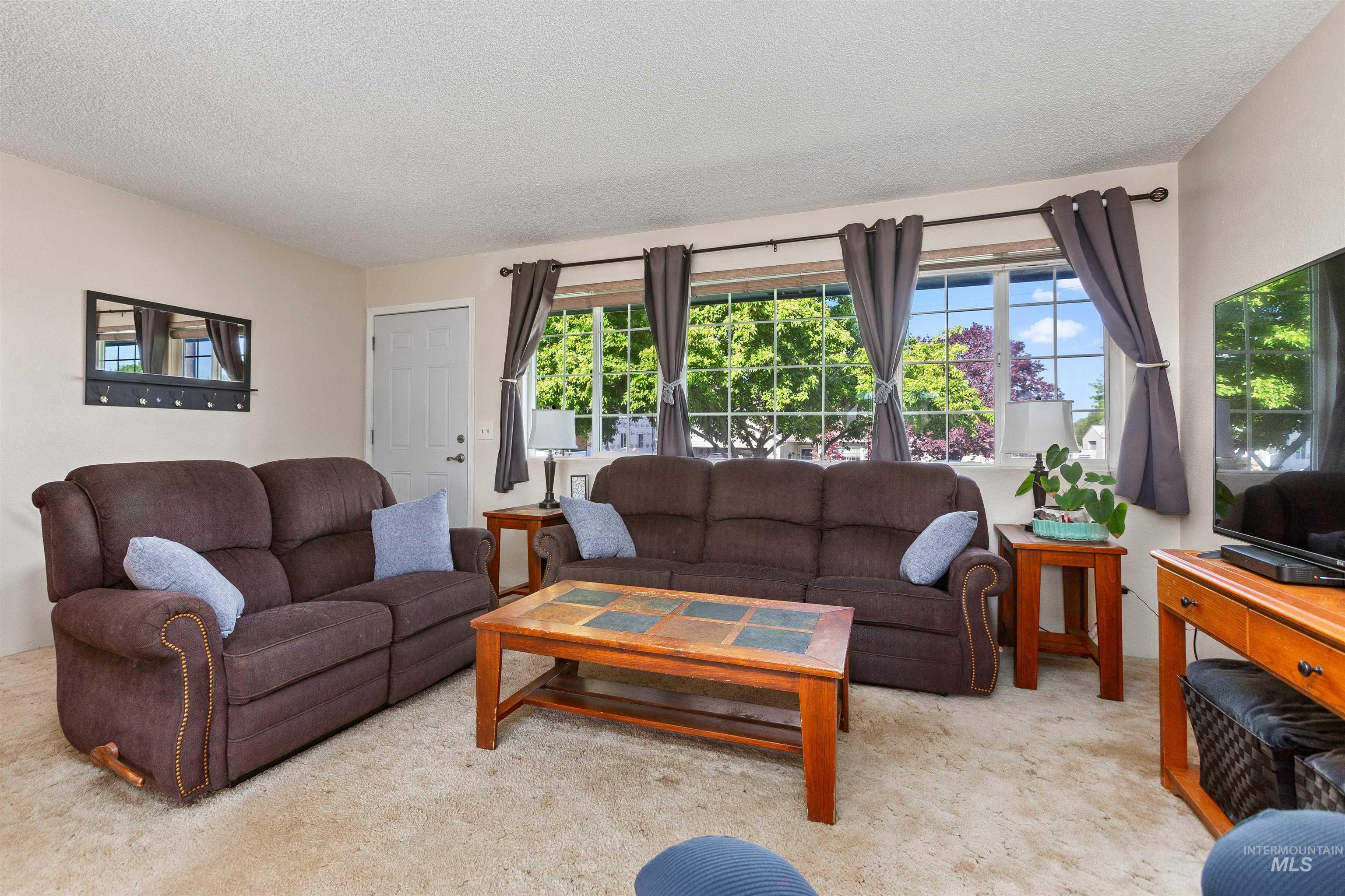 Carpeted living room with a textured ceiling