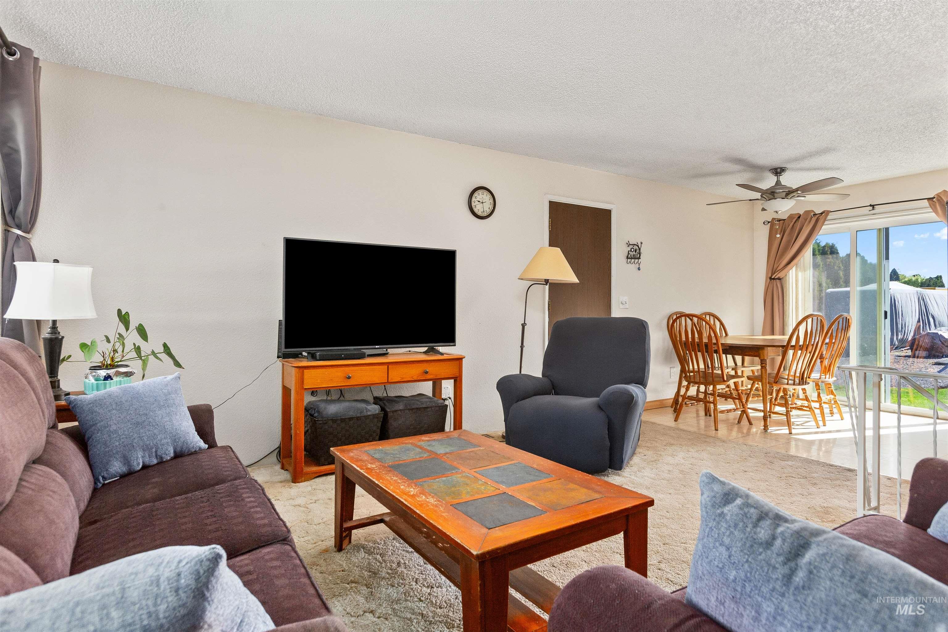 Carpeted living area with a ceiling fan and a textured ceiling