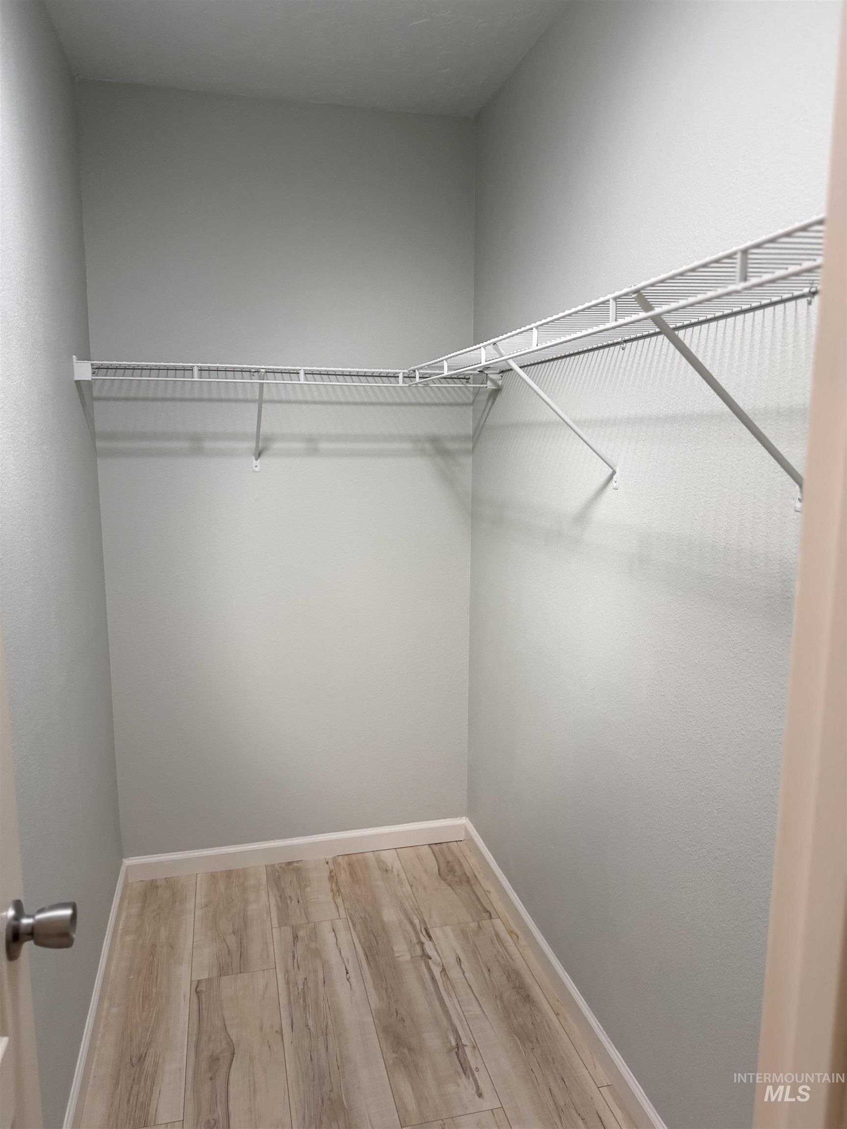 Walk-in closet featuring light wood-finish flooring, white wire shelving, and light-toned wall finishes