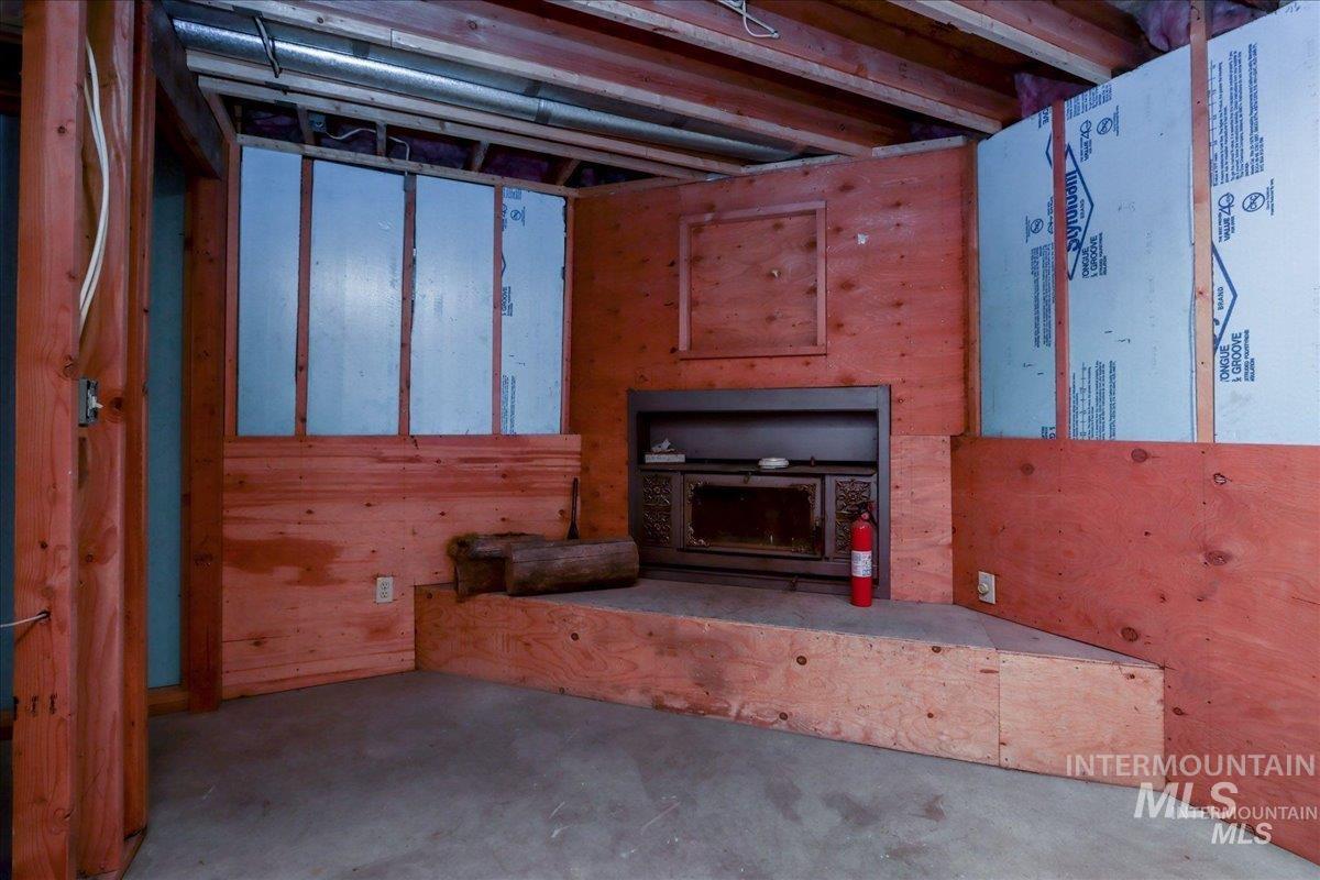 Basement with a wood stove