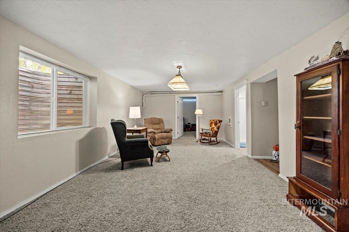 Living area with carpet flooring and a textured ceiling