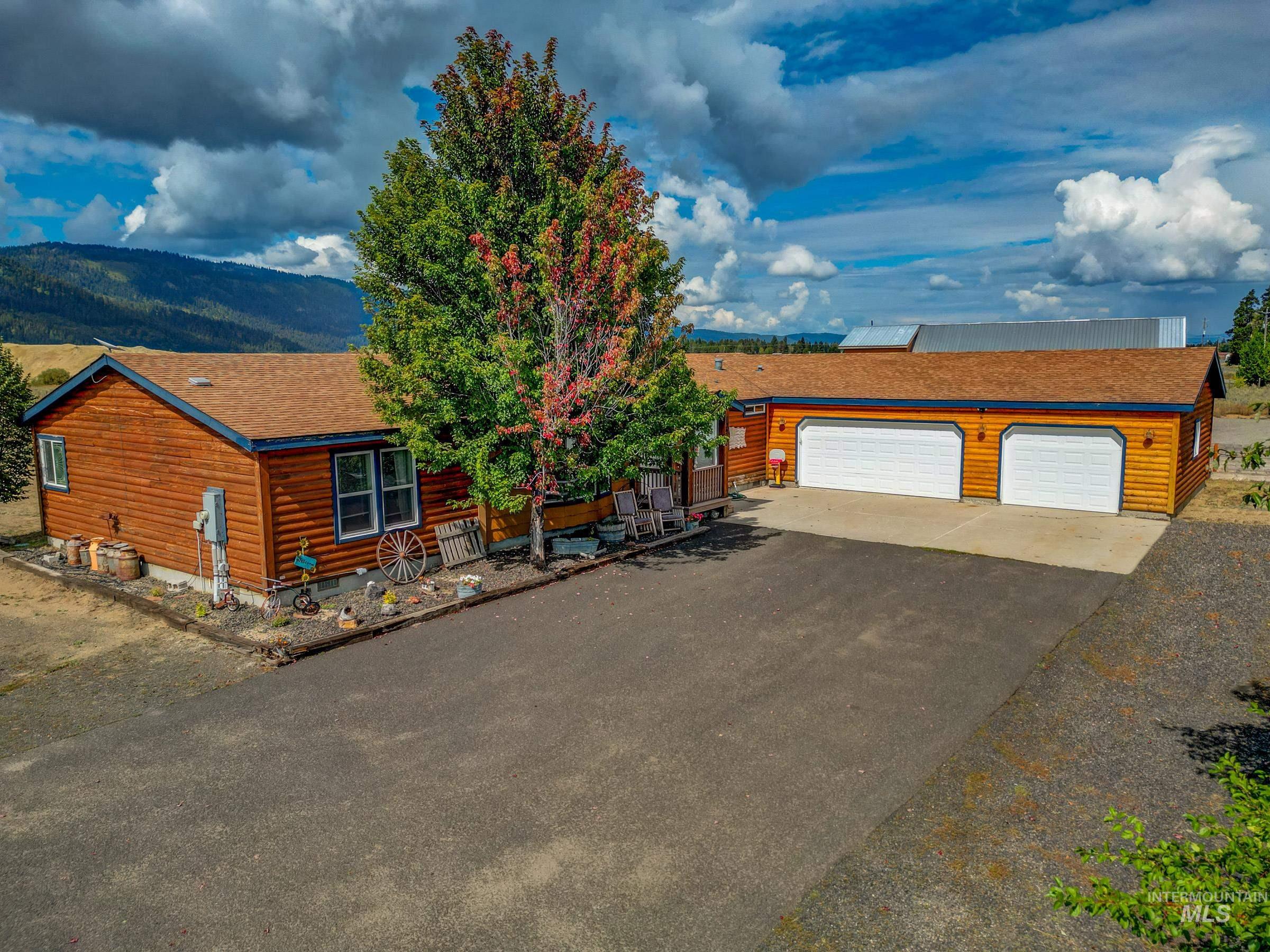 Chalet / cabin featuring faux log siding, driveway, roof with shingles, and a mountain view