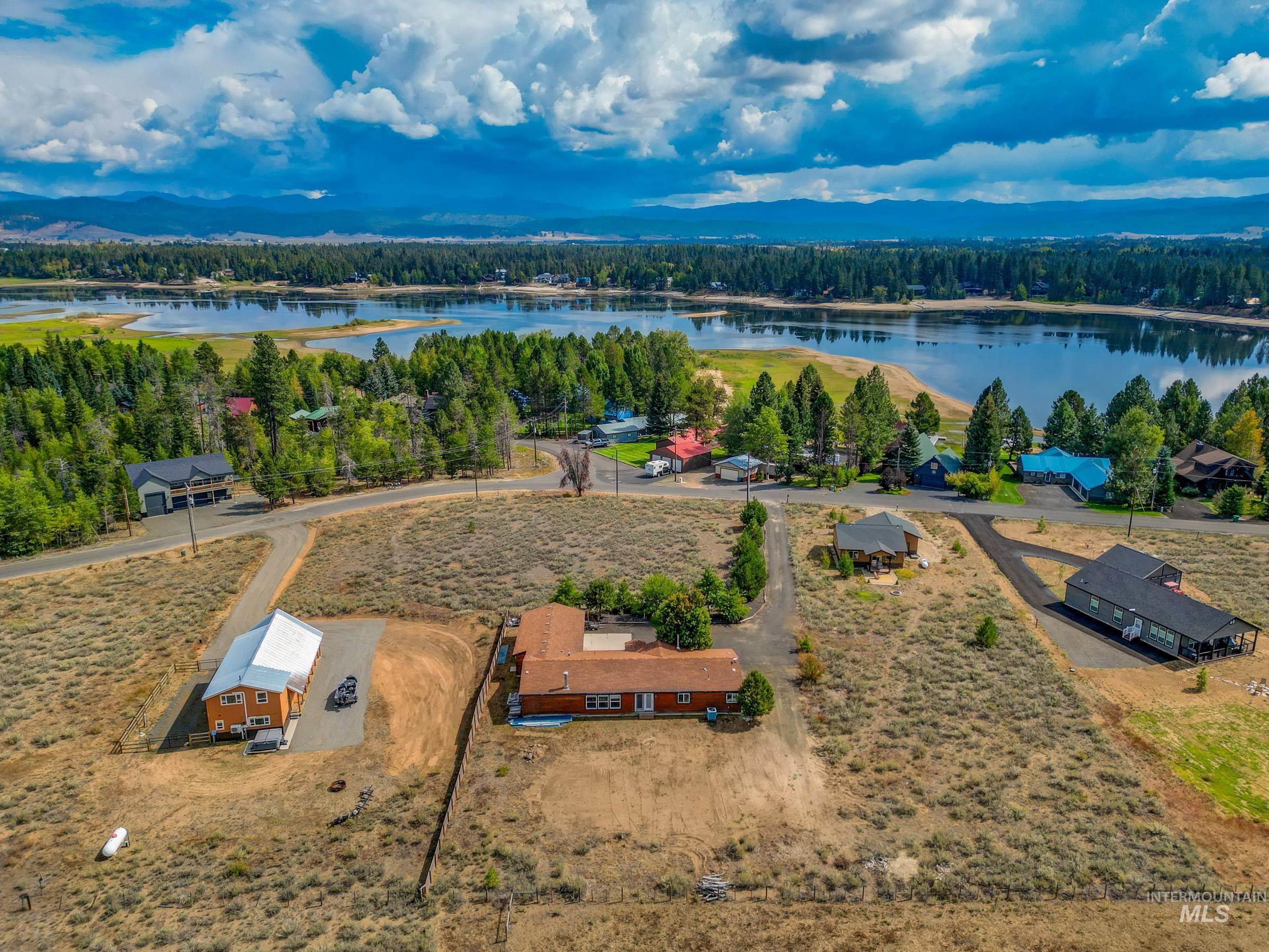 Aerial view of a water and mountain view