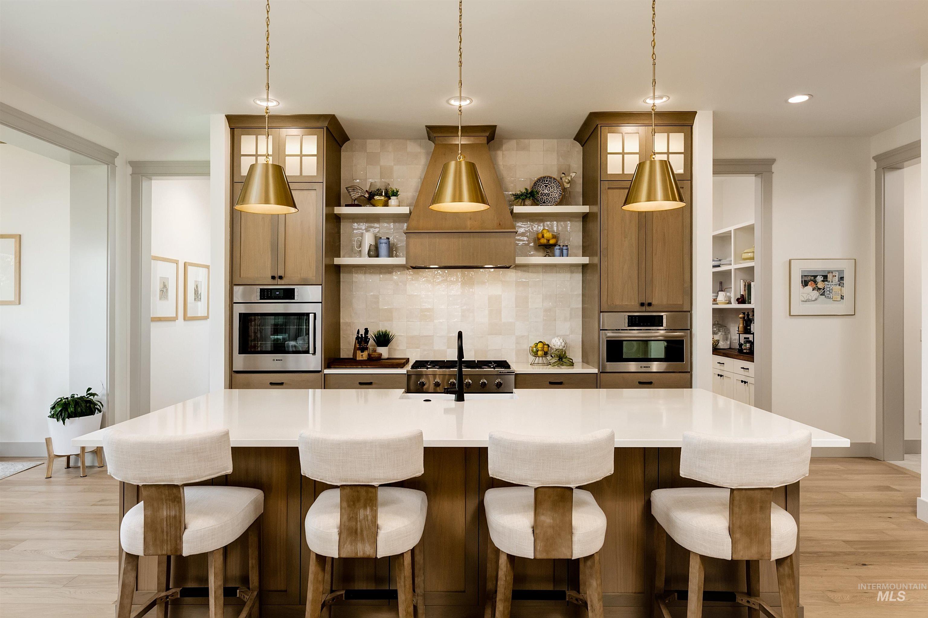 Expansive kitchen island with a light-toned countertop
