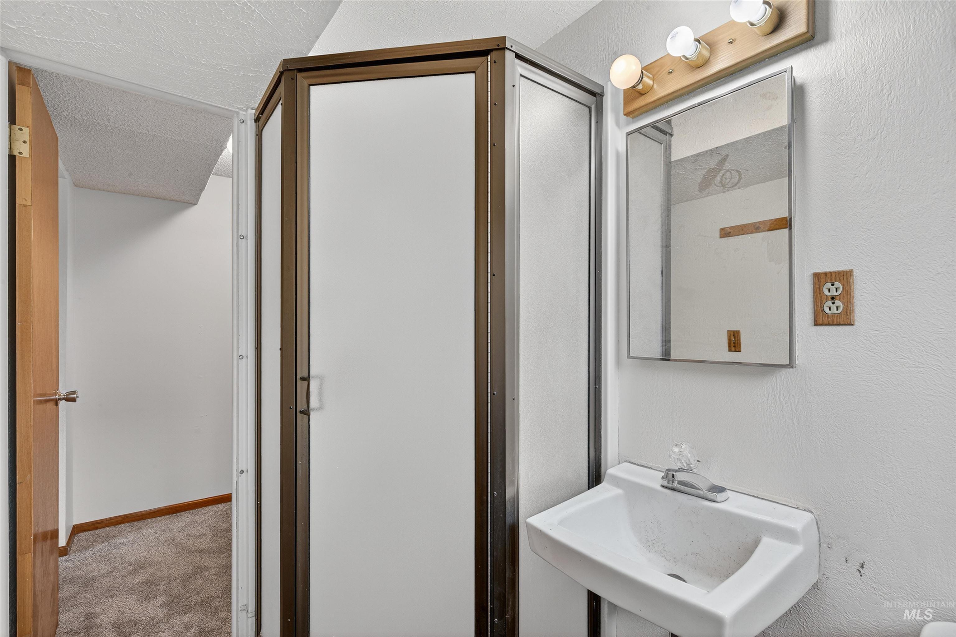 Bathroom with a textured ceiling and carpet flooring