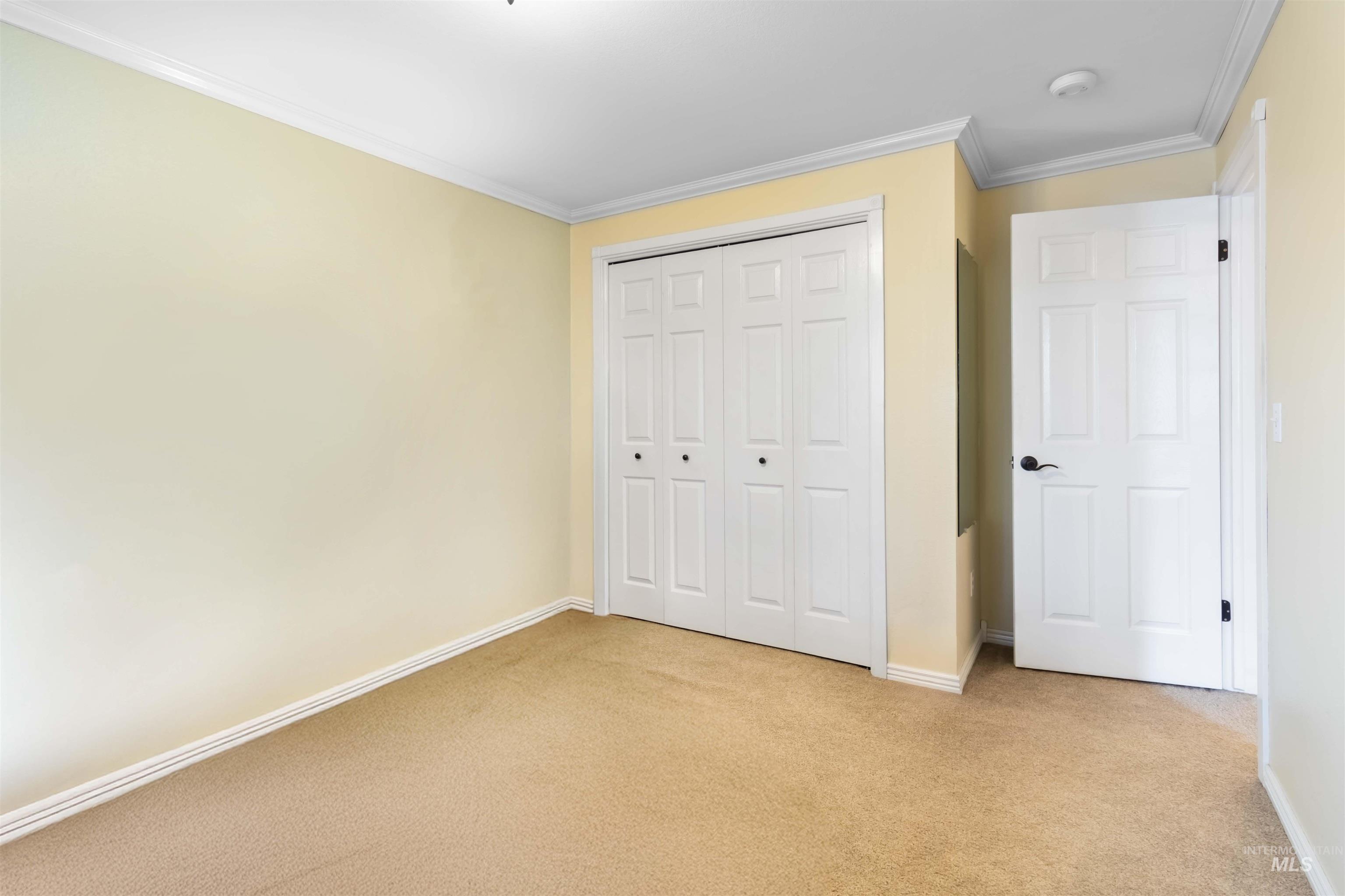 Unfurnished bedroom with ornamental molding, light colored carpet, and a closet