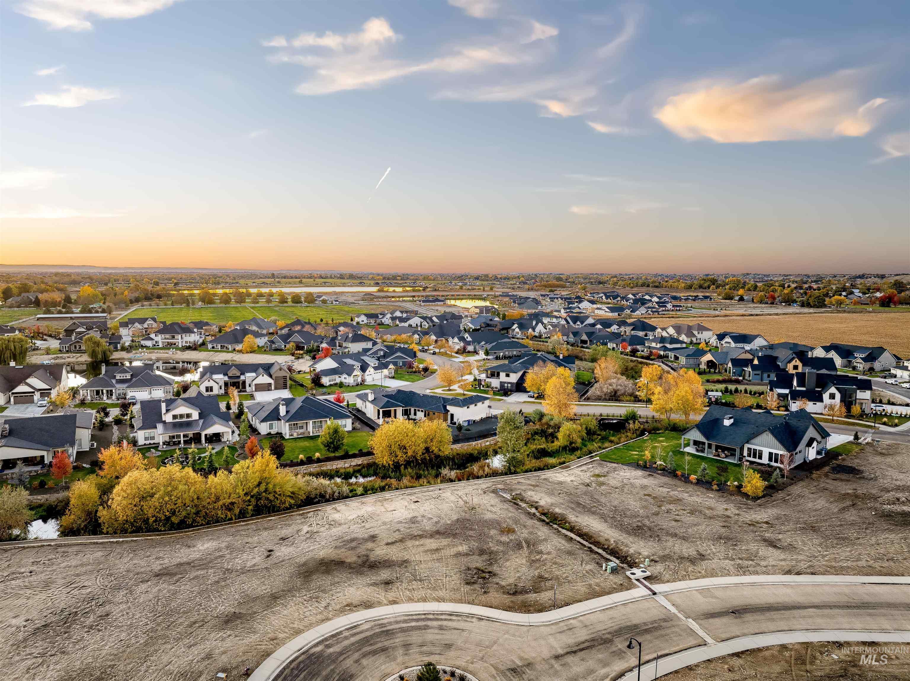 Aerial view at dusk of a residential view