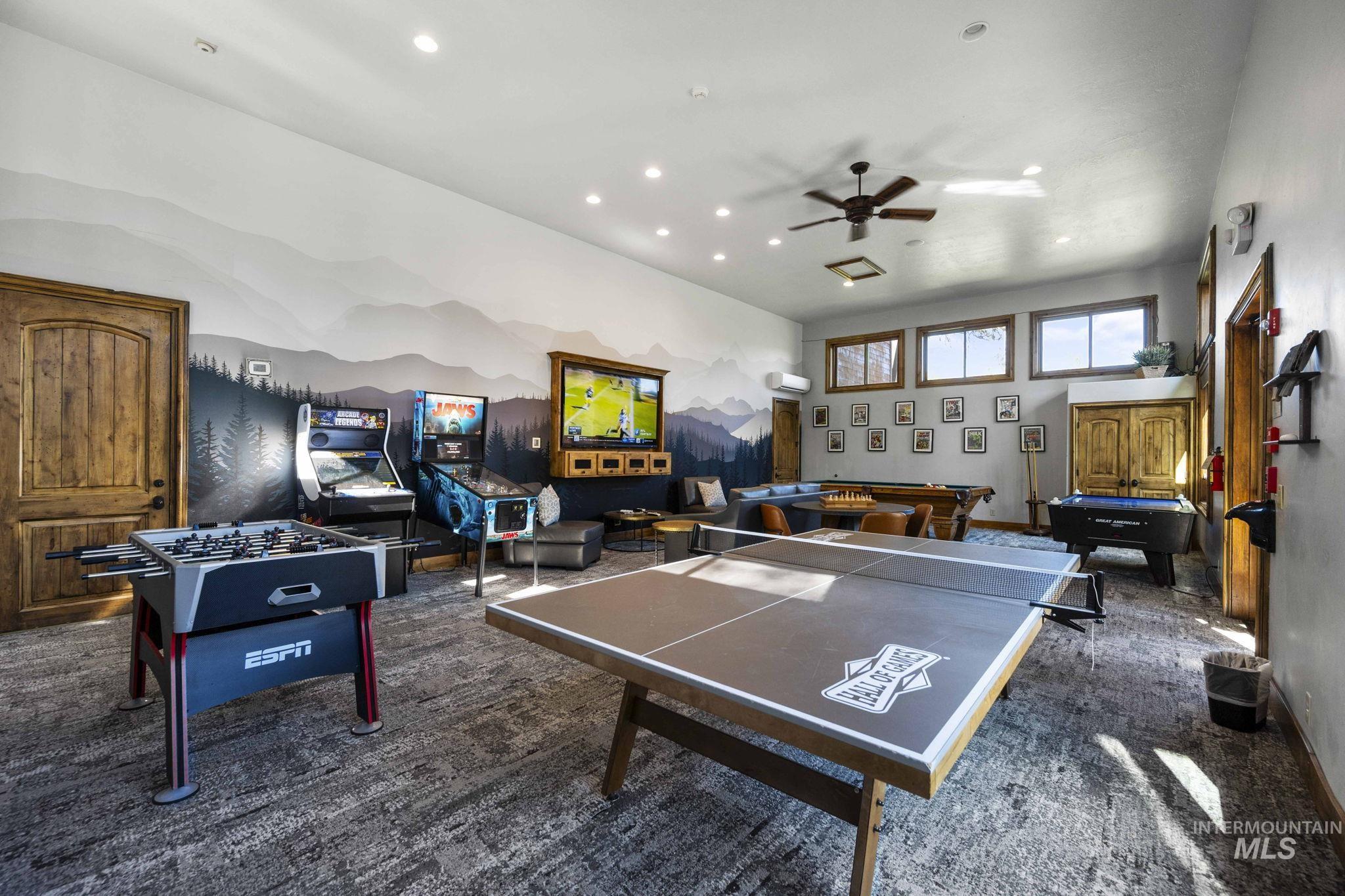Game room with dark carpet, billiards table, ceiling fan, and recessed lighting