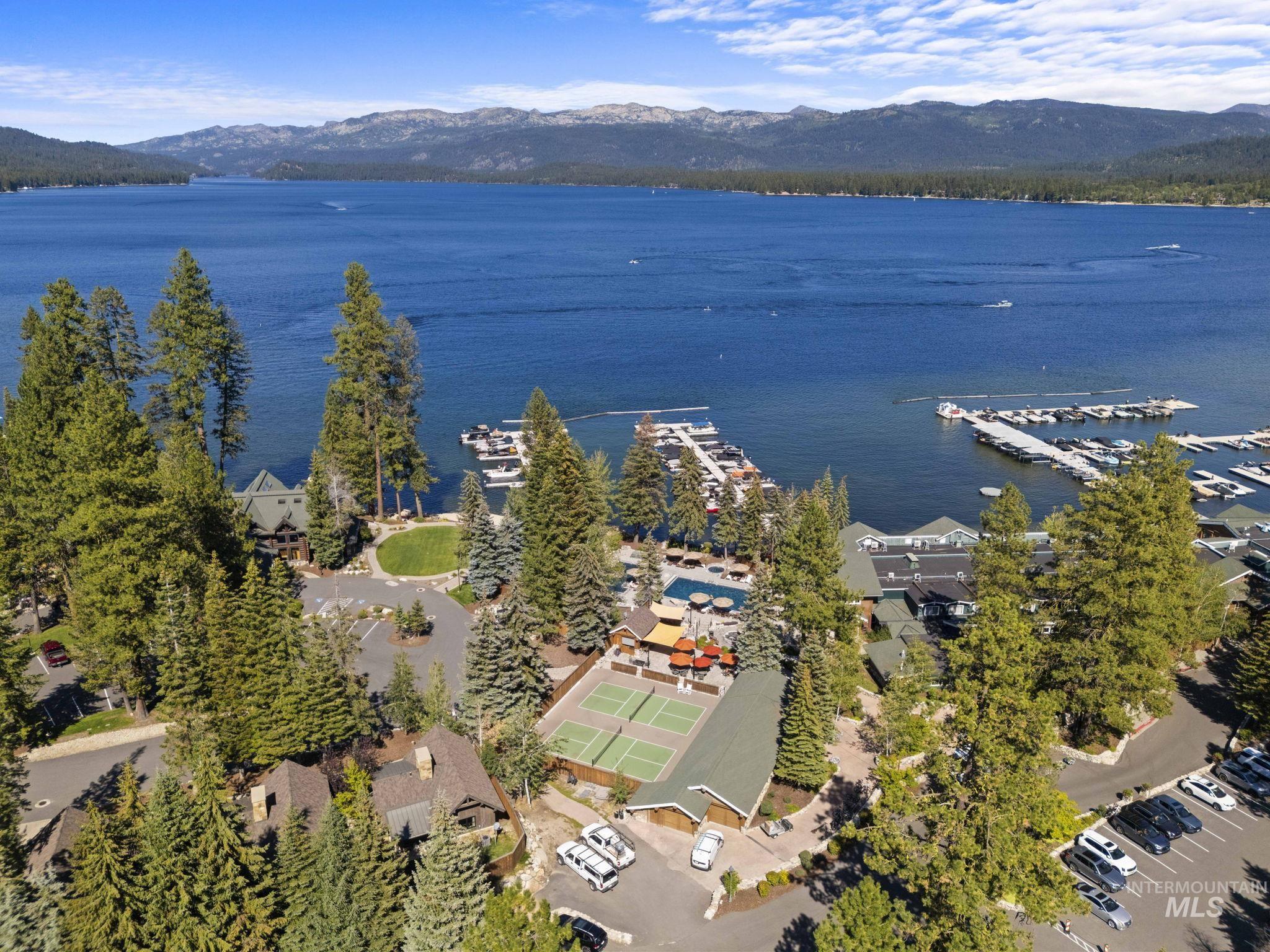 Aerial view of a water and mountain view