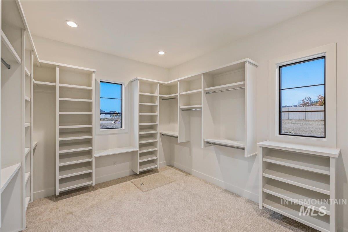 Walk in closet featuring light colored carpet