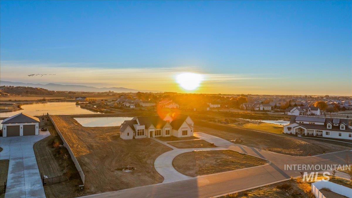 Aerial view at dusk of a residential view