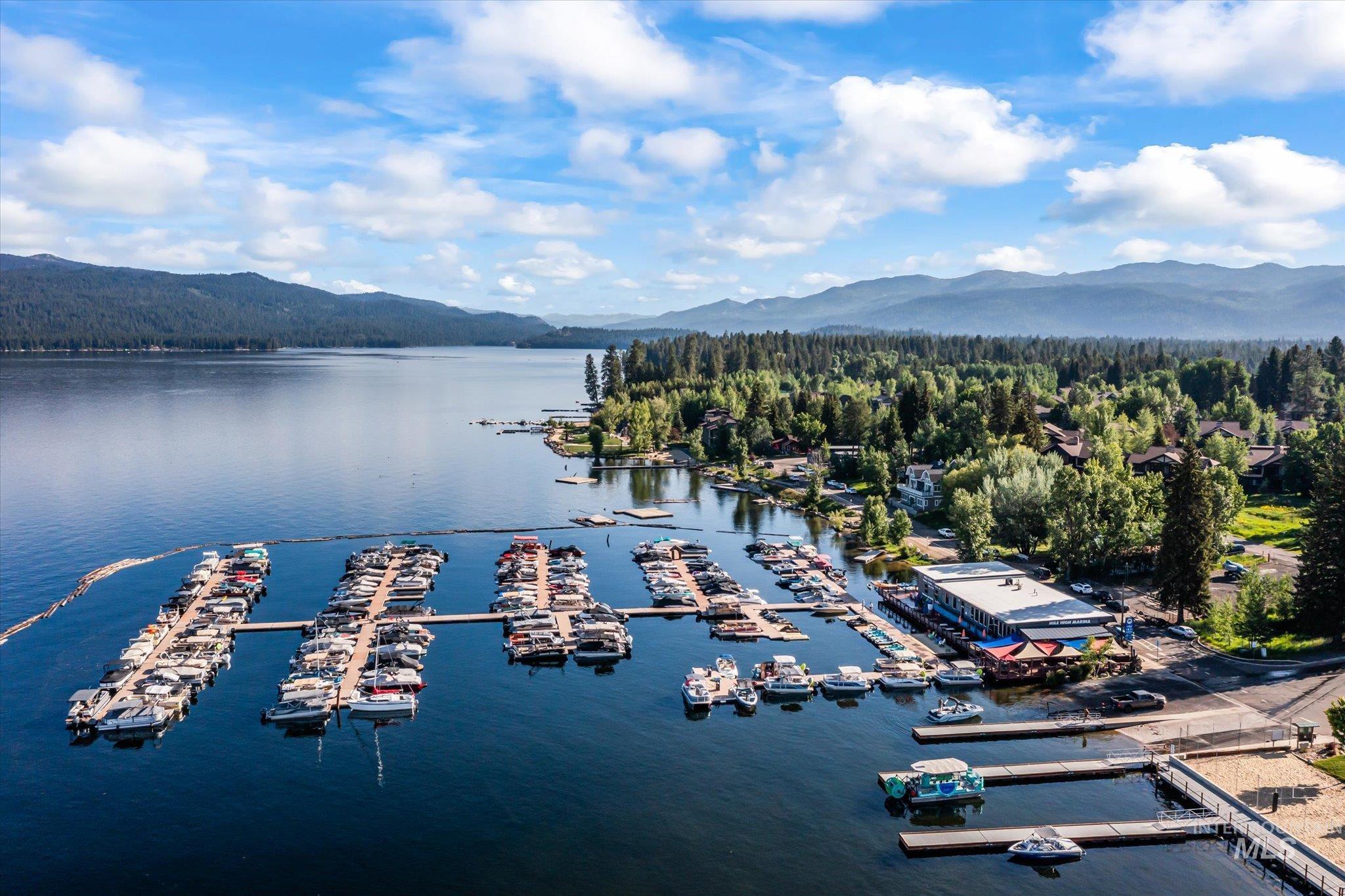 Bird's eye view of a water and mountain view and a marina