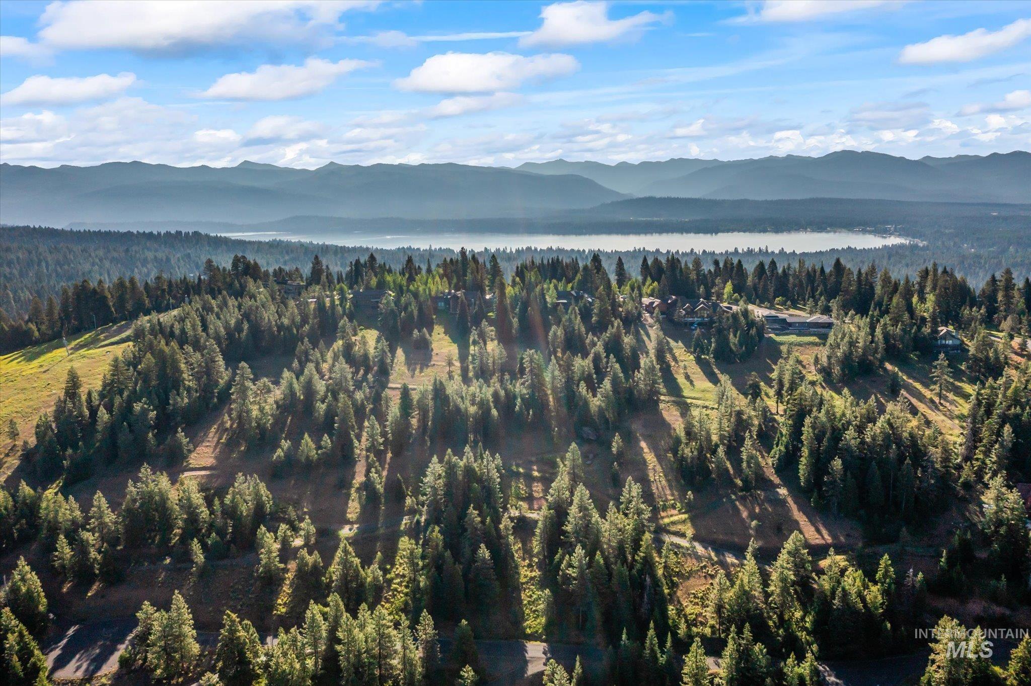 View of mountain background with a forest and a nearby body of water