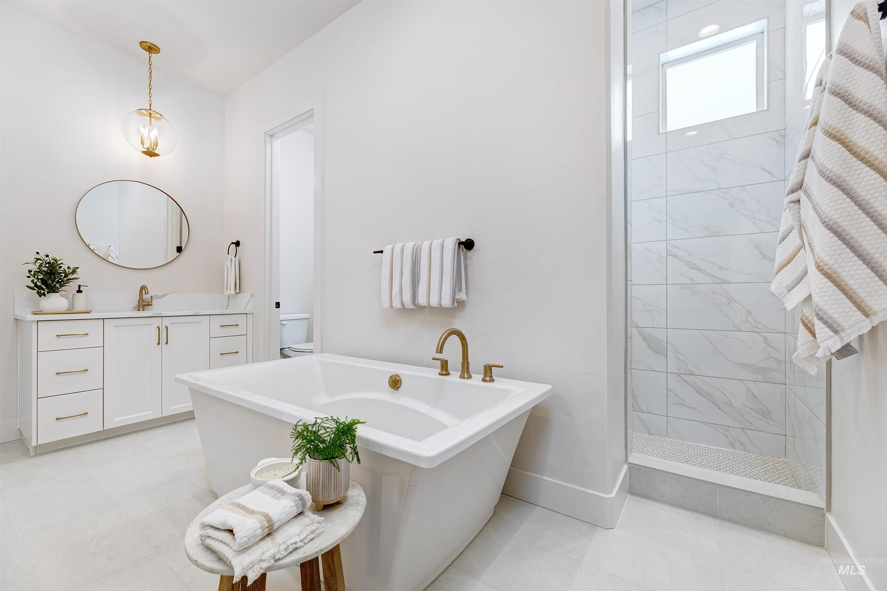 Bathroom featuring vanity, a freestanding tub, tiled shower, and tile patterned flooring