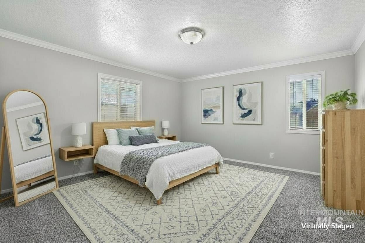 Light gray carpeting in a generously proportioned room with white crown molding and baseboards