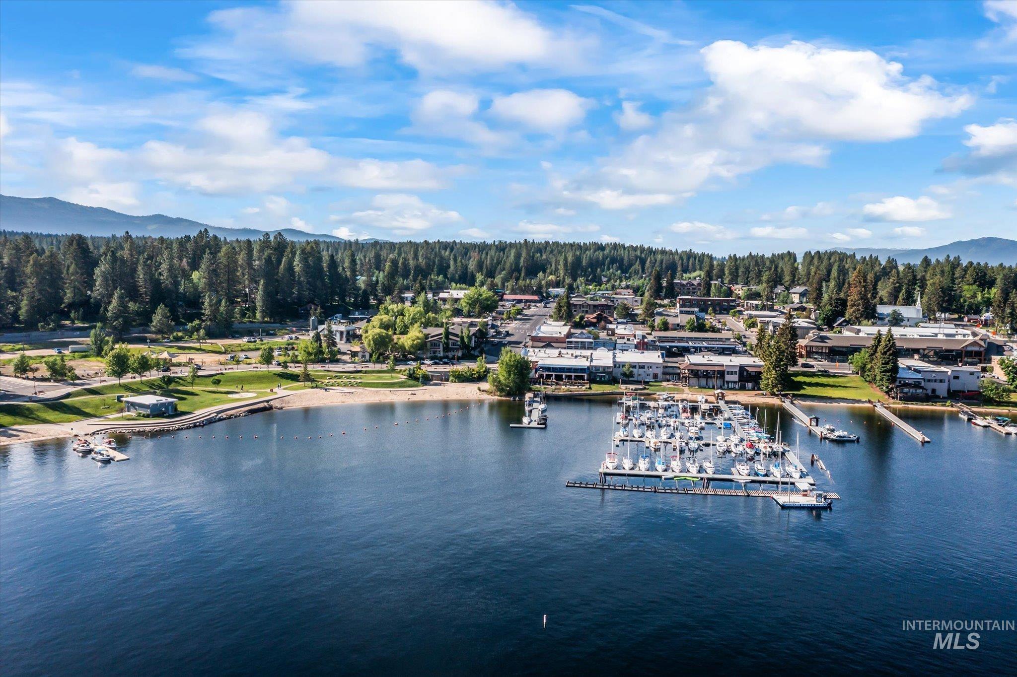 Aerial view of a marina and a water and mountain view