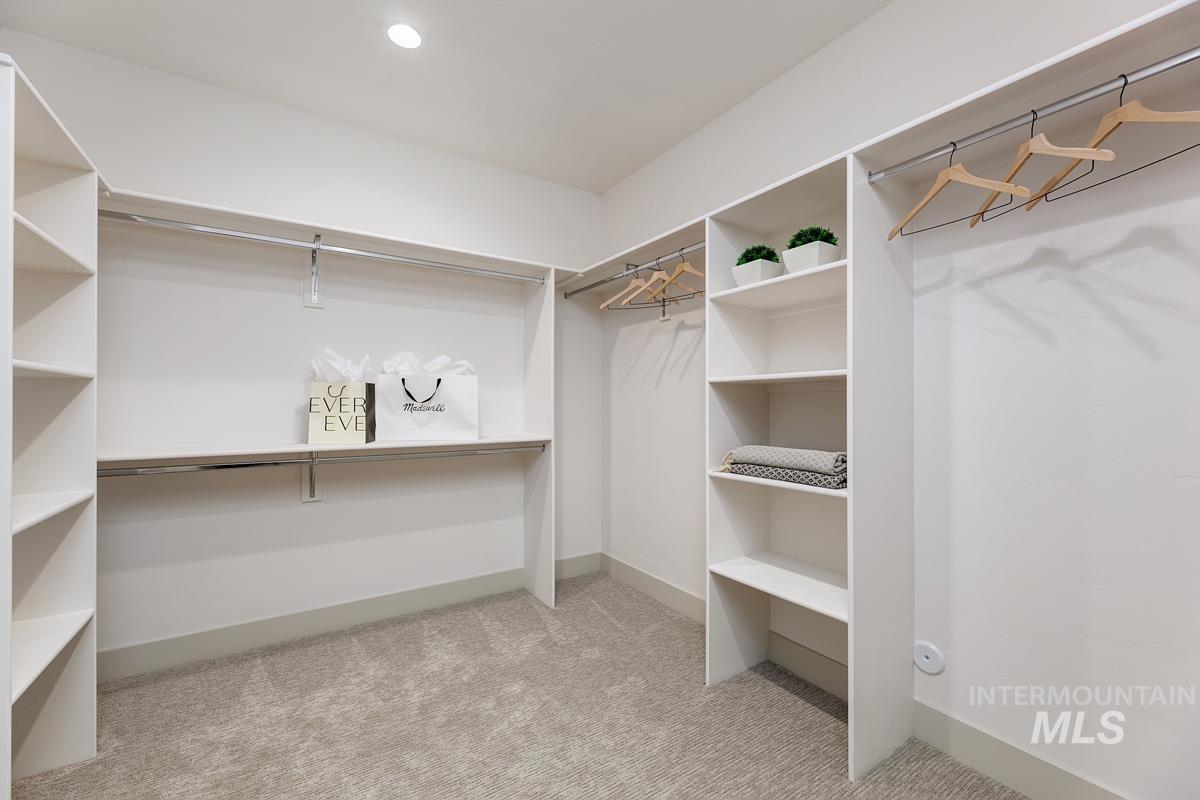 Spacious closet with light carpet