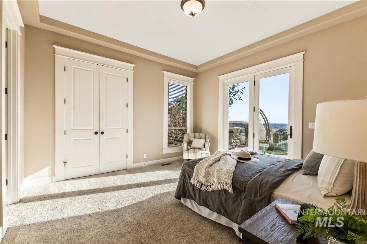 Bedroom with carpet floors, access to exterior, and a closet