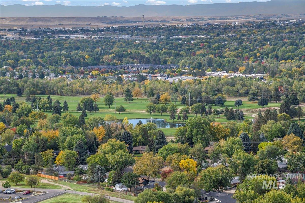 Aerial view of a tree filled landscape and a water and mountain view