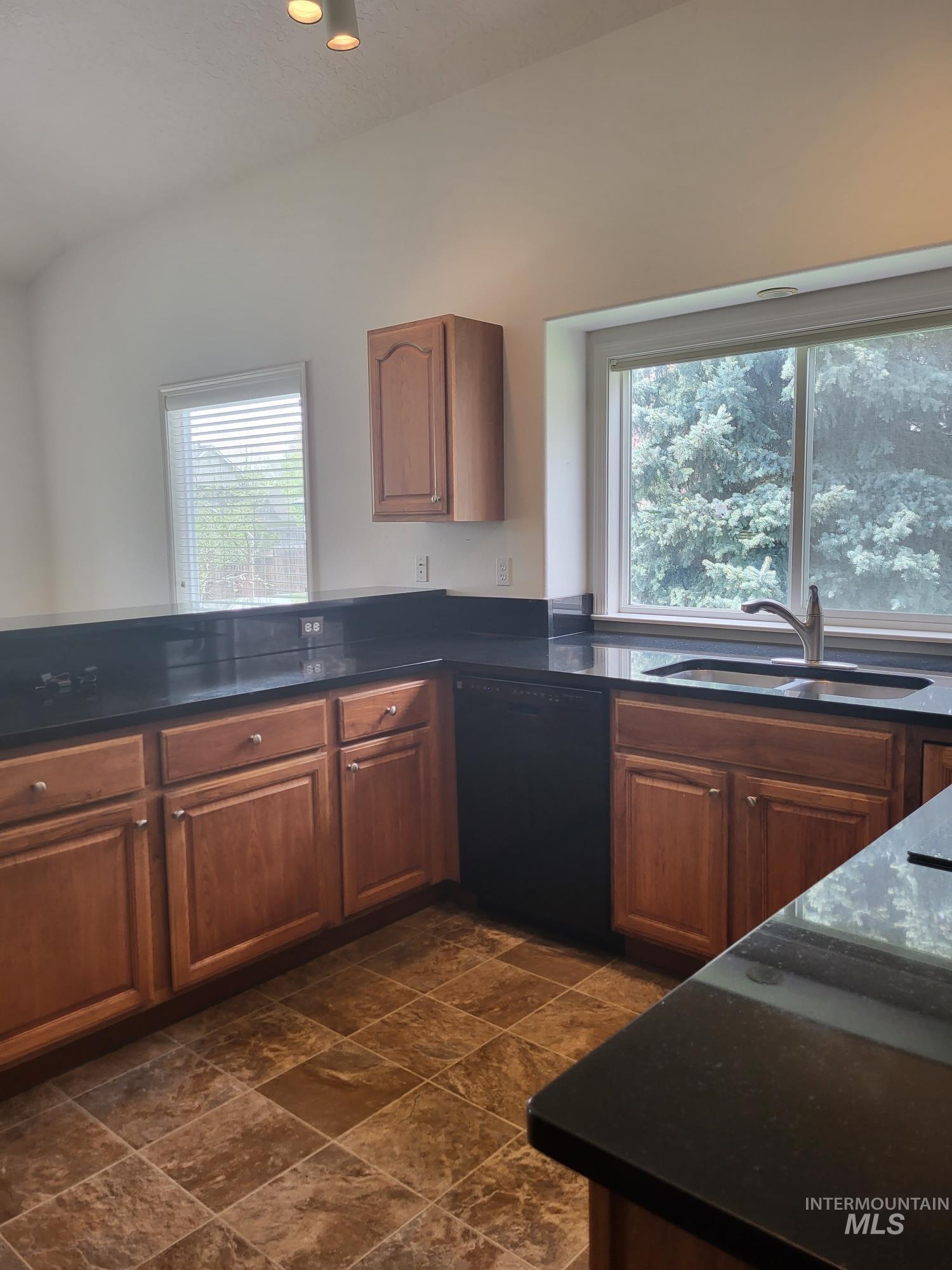 Kitchen featuring dark countertops, wood cabinetry, a built-in dishwasher, and a stainless steel sink