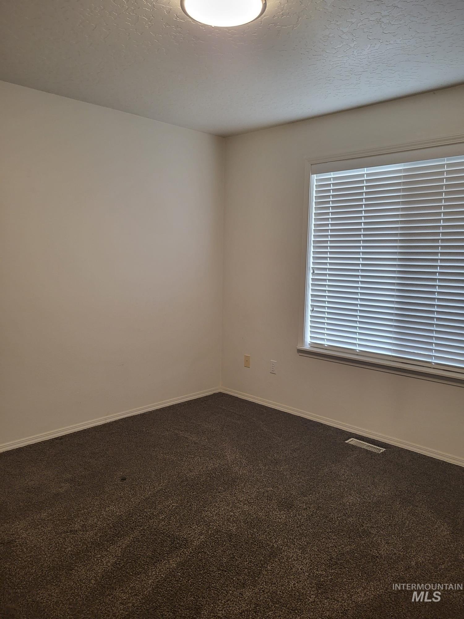 Neutral-toned walls complement the brown textured carpeting
