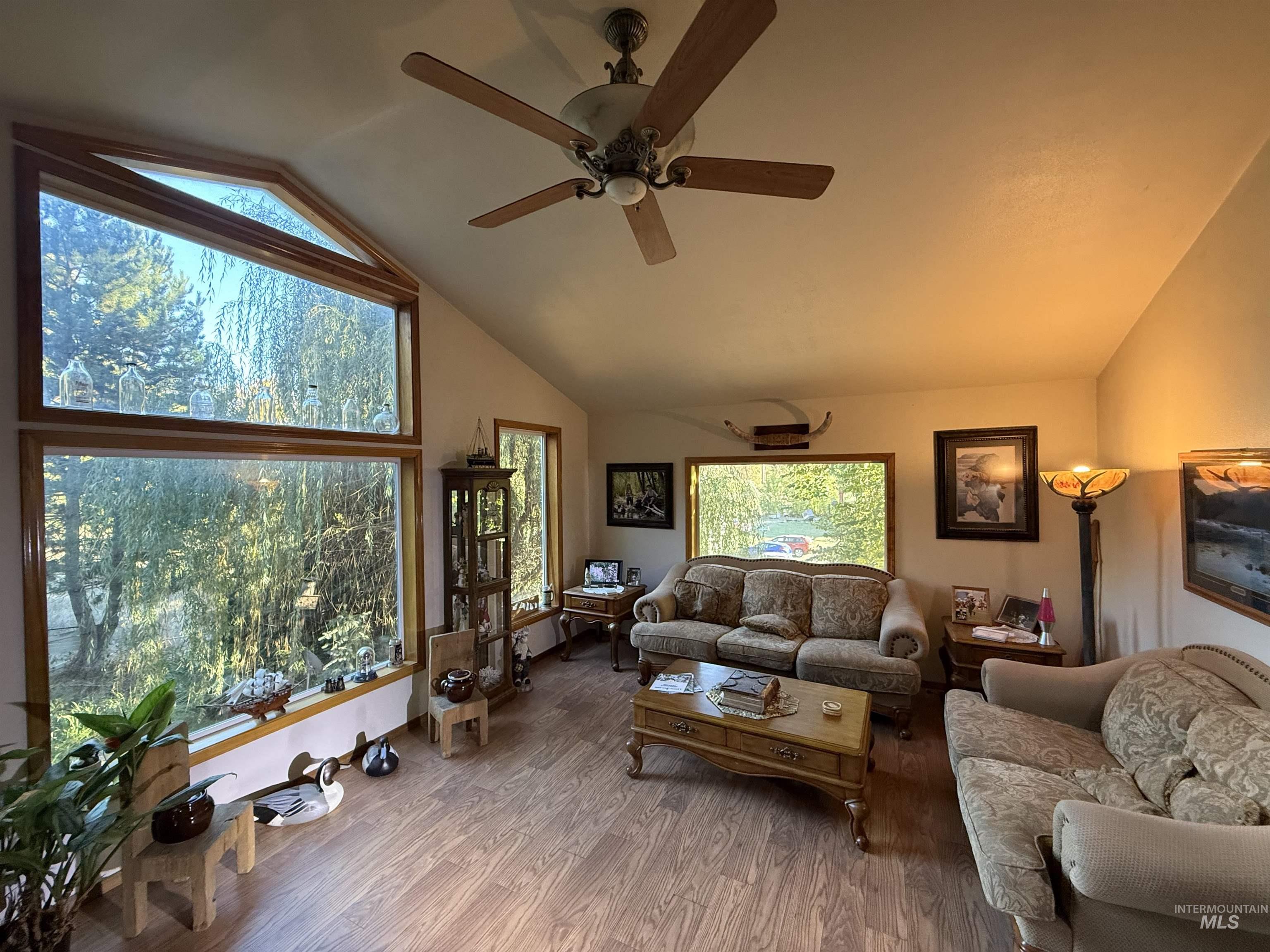 Living area featuring lofted ceiling, wood finished floors, and a ceiling fan