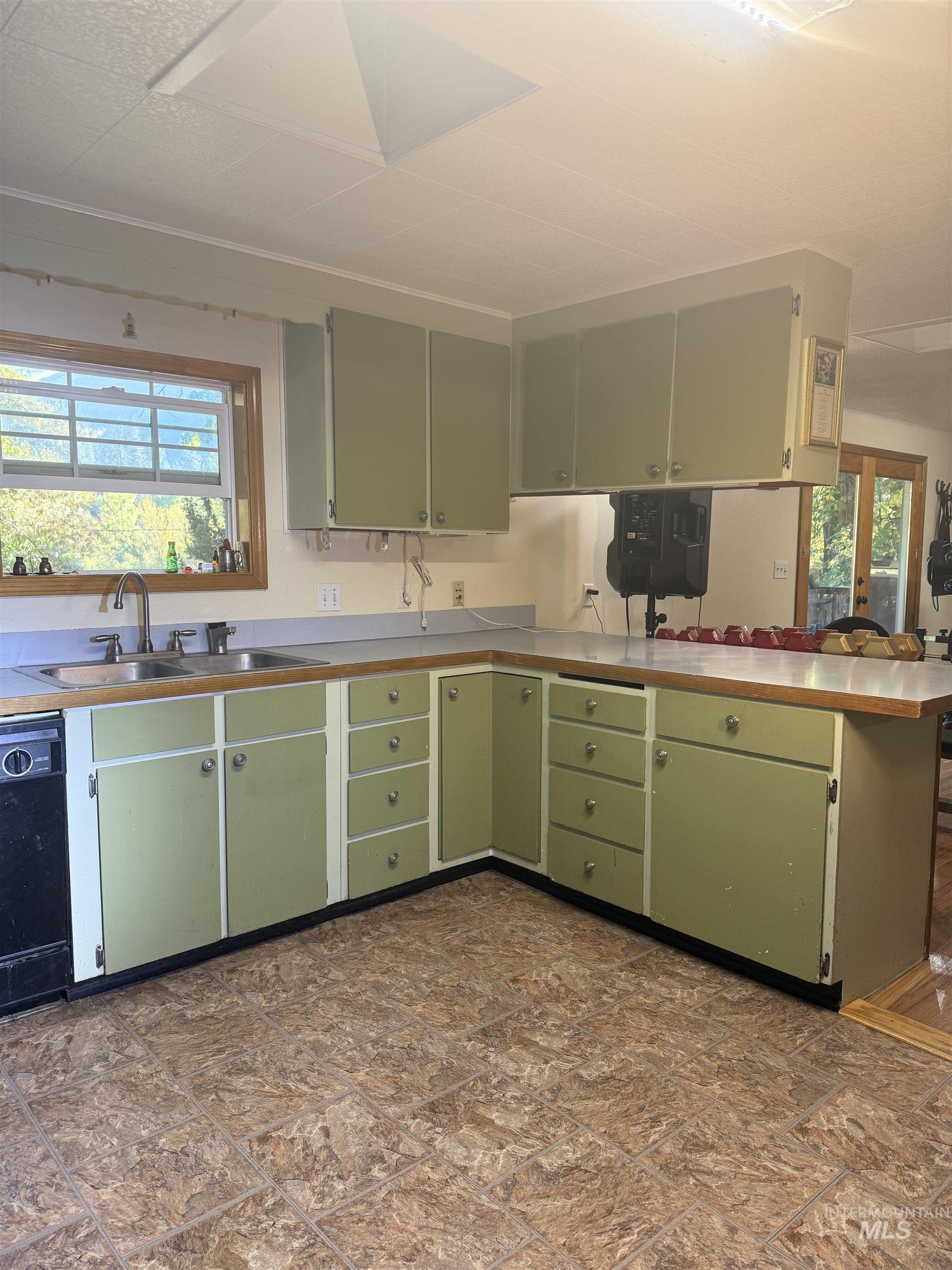 Kitchen with green cabinets, light countertops, and dishwasher