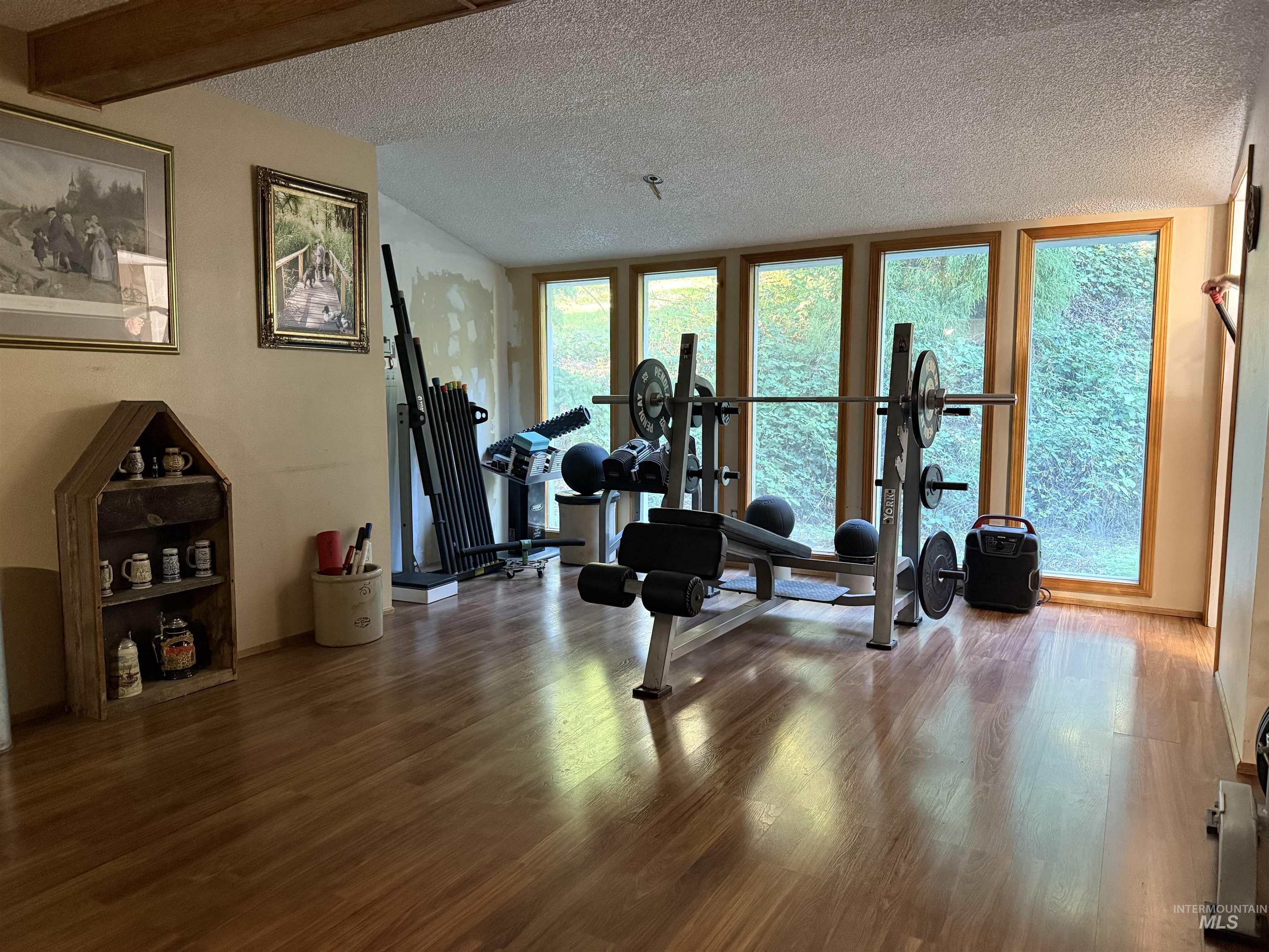 Workout area with a textured ceiling and wood finished floors
