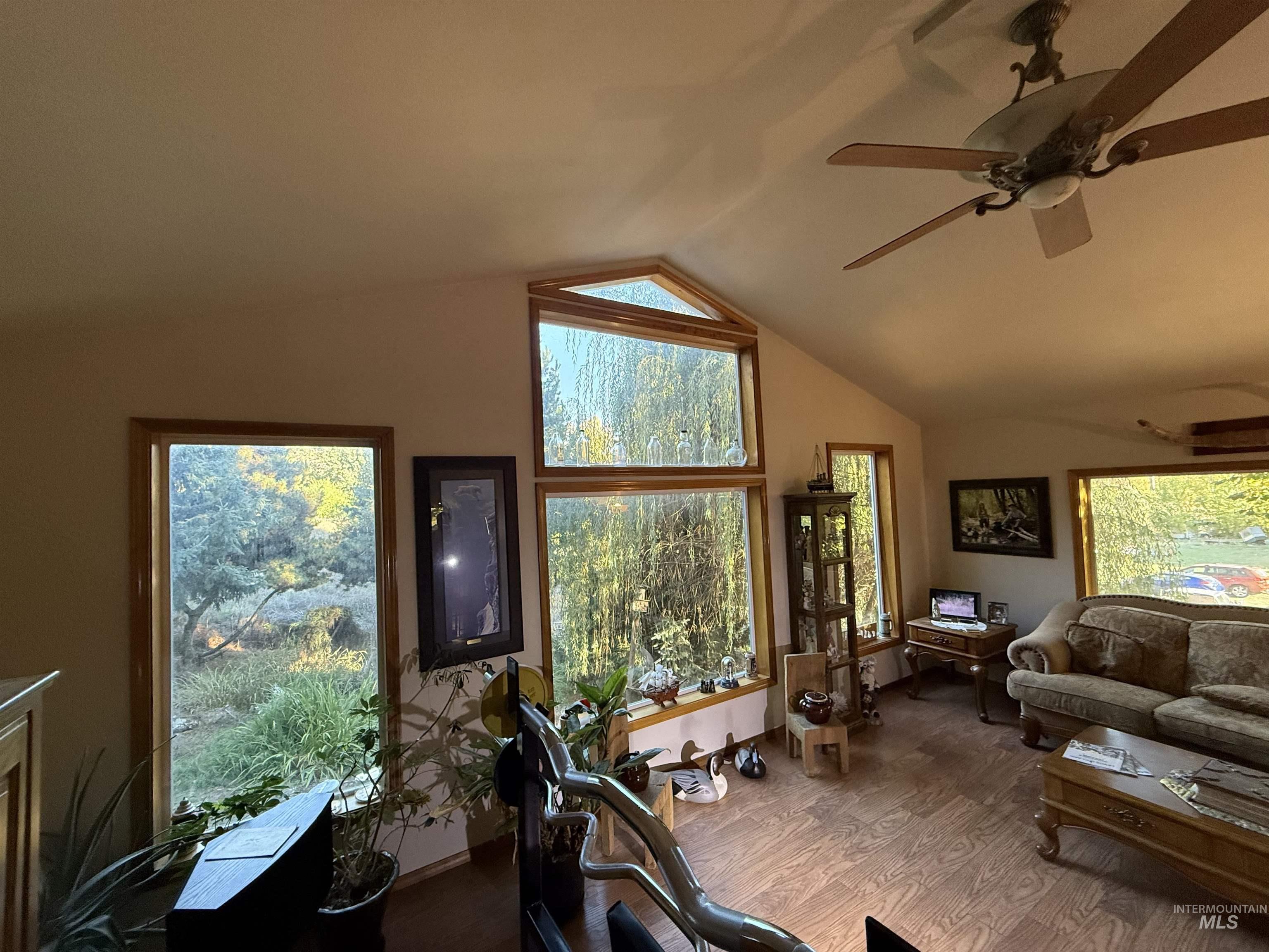 Exercise area featuring dark wood-style floors, vaulted ceiling, and a ceiling fan