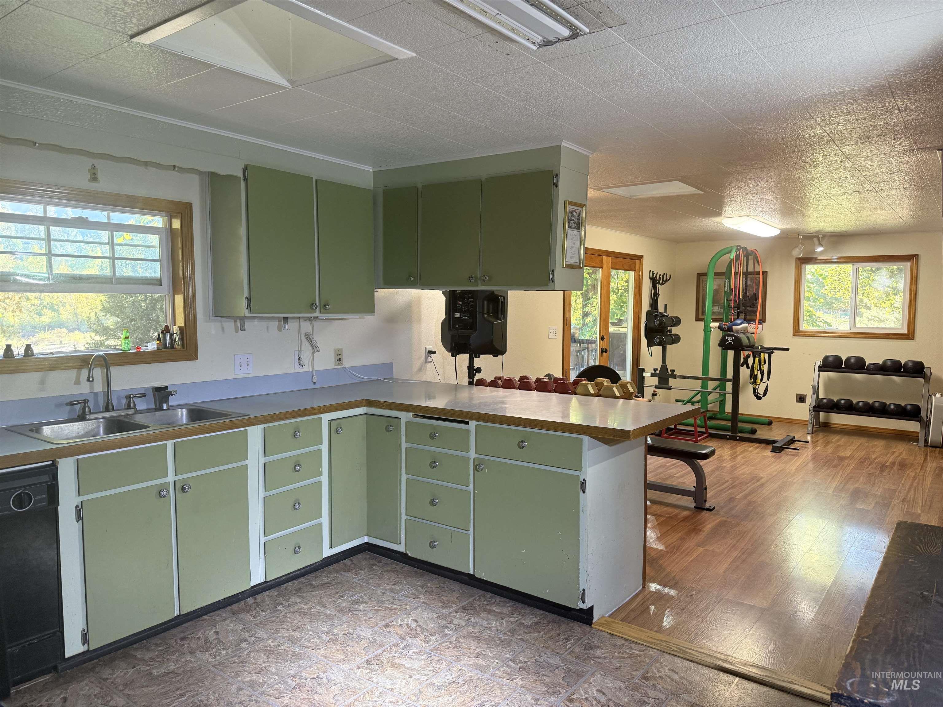 Kitchen featuring green cabinets, a peninsula, dishwasher, and light countertops