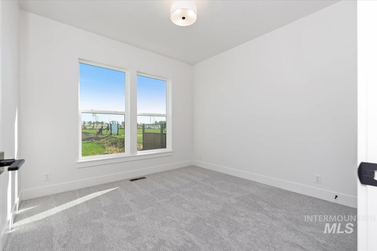 Room featuring two large windows, light gray carpet, white walls, white baseboards, and a flush mount ceiling light fixture