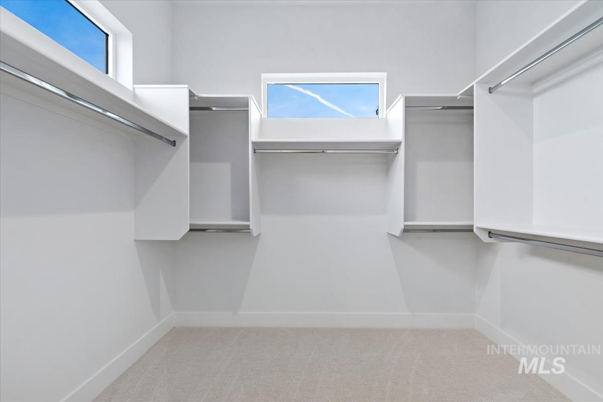 Spacious closet with light carpet