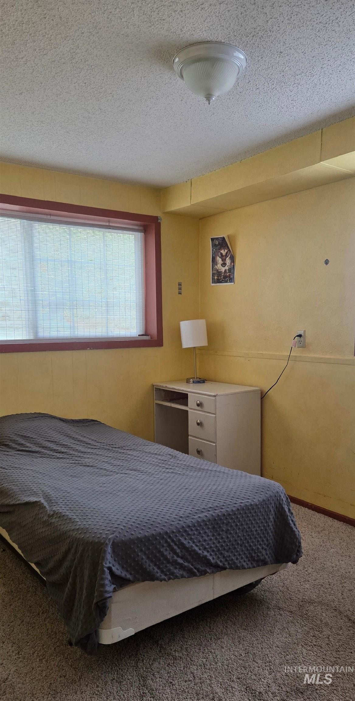 Carpeted bedroom with a textured ceiling