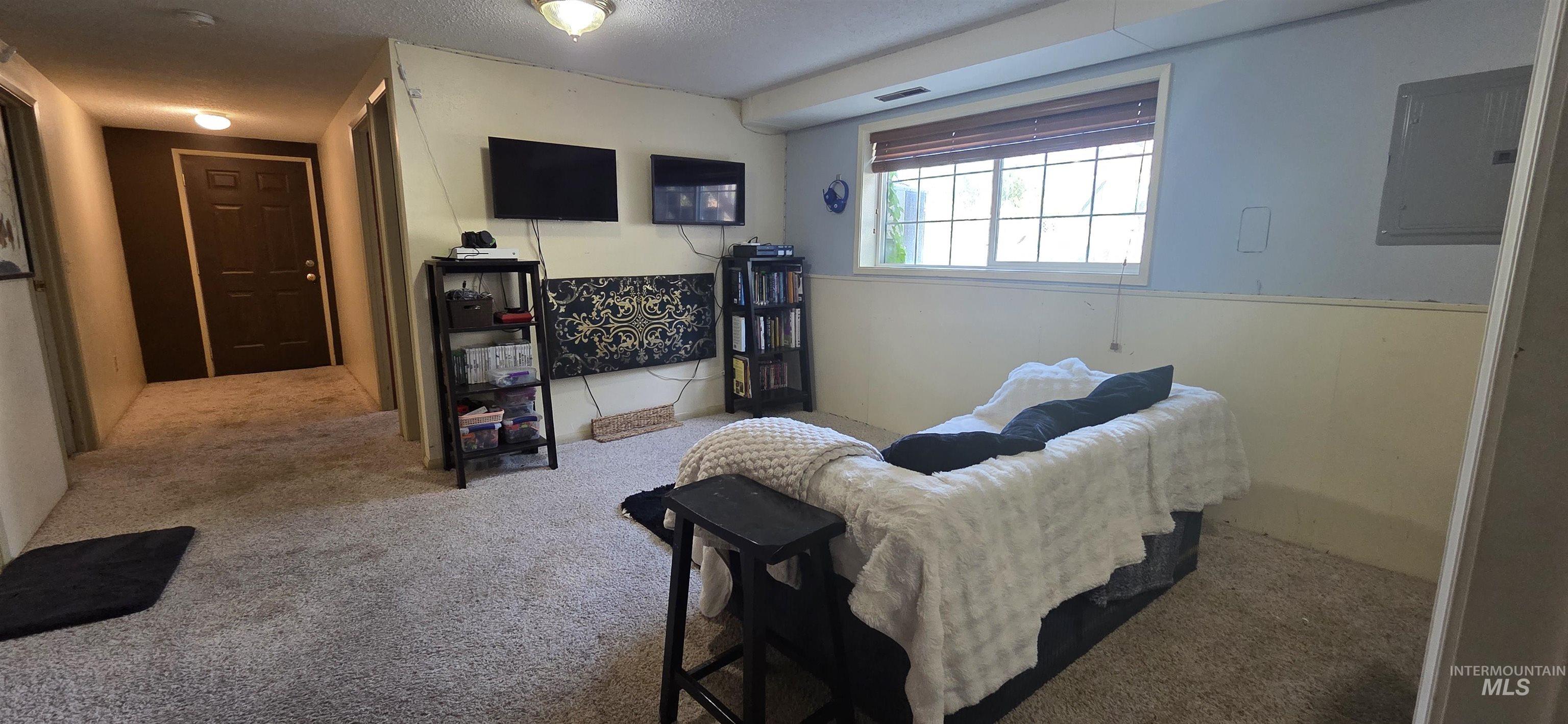 Living area featuring carpet flooring, electric panel, and a textured ceiling