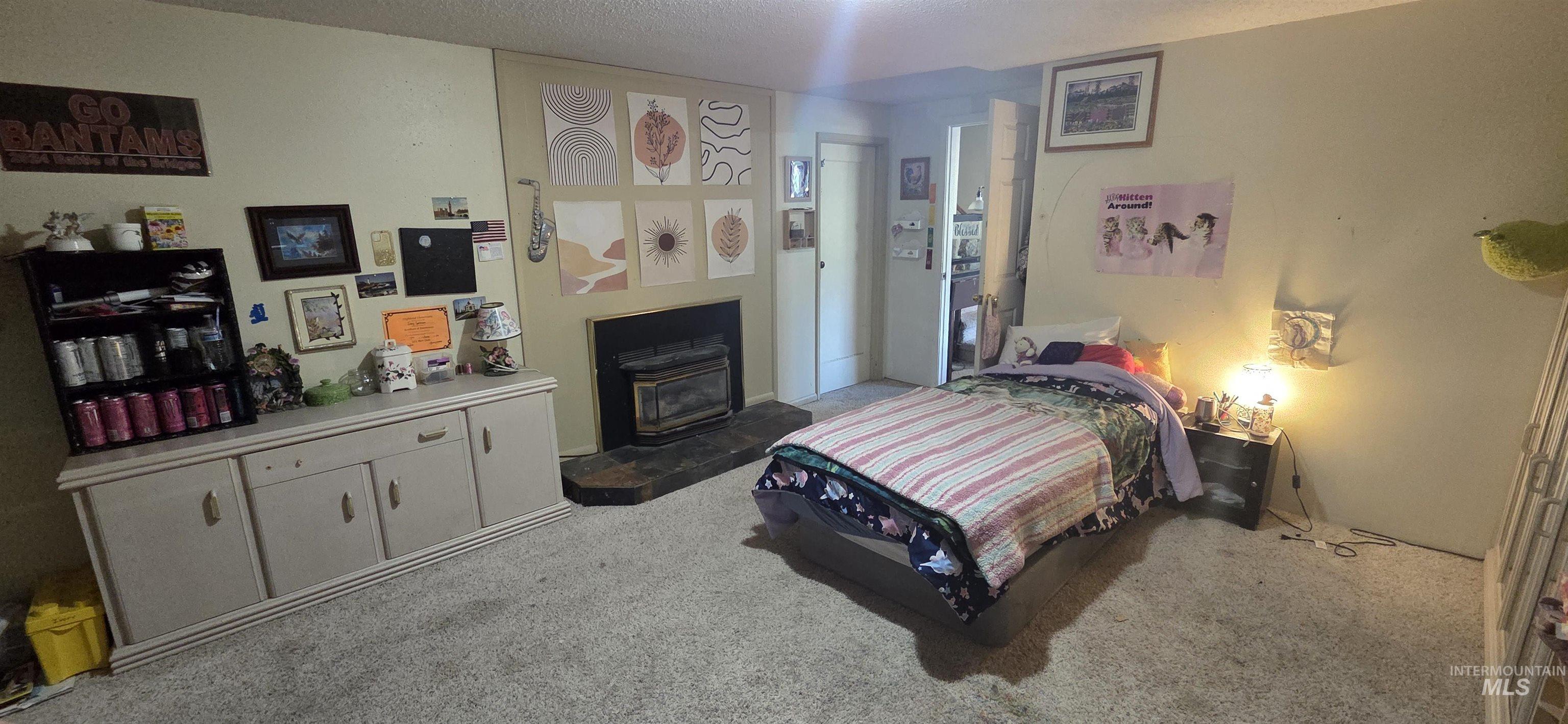 Bedroom with light colored carpet, a textured ceiling, and a wood stove