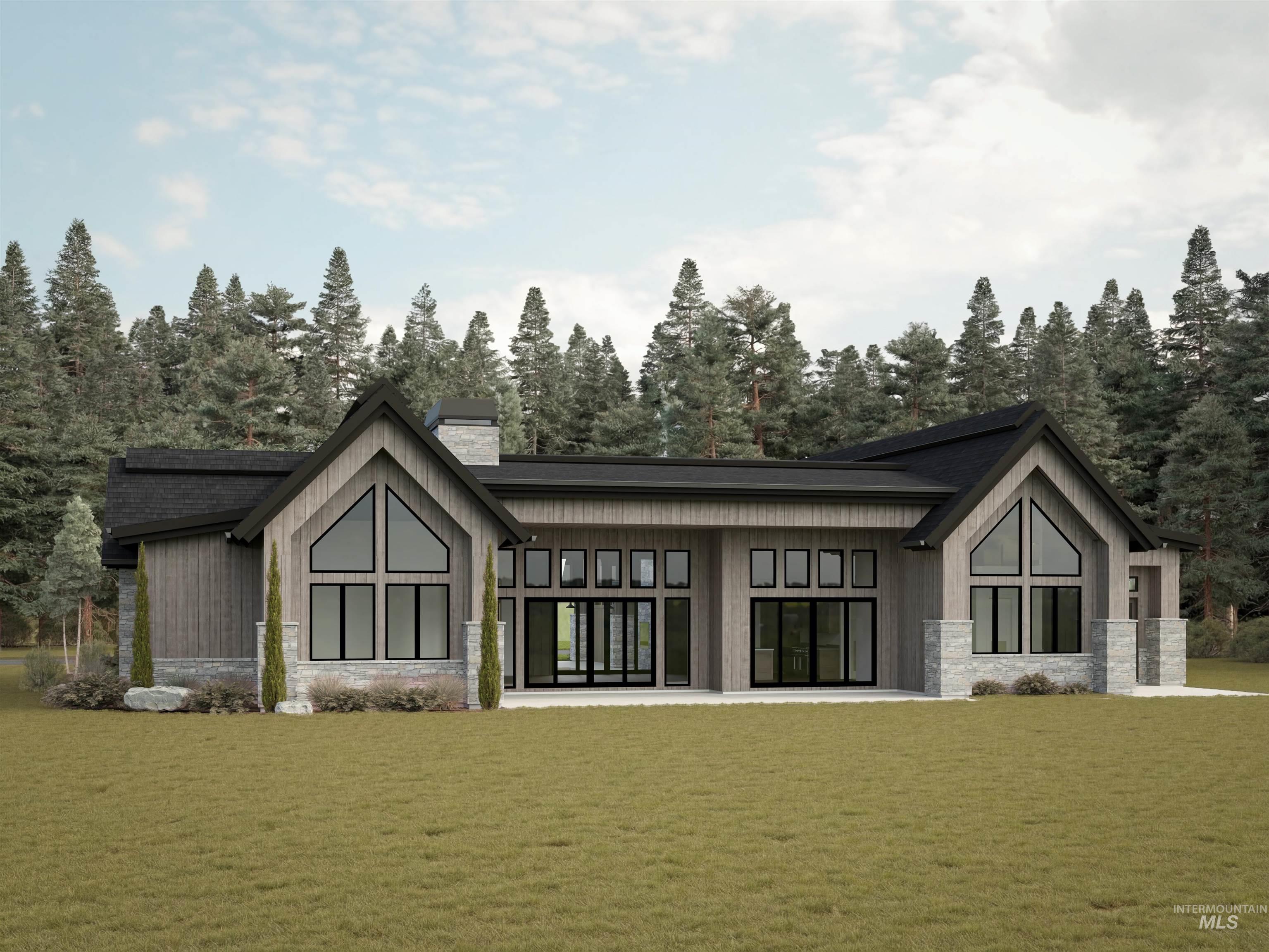 Digital Rendering. Modern exterior featuring vertical wood siding, stone accents, and a dark shingle roof