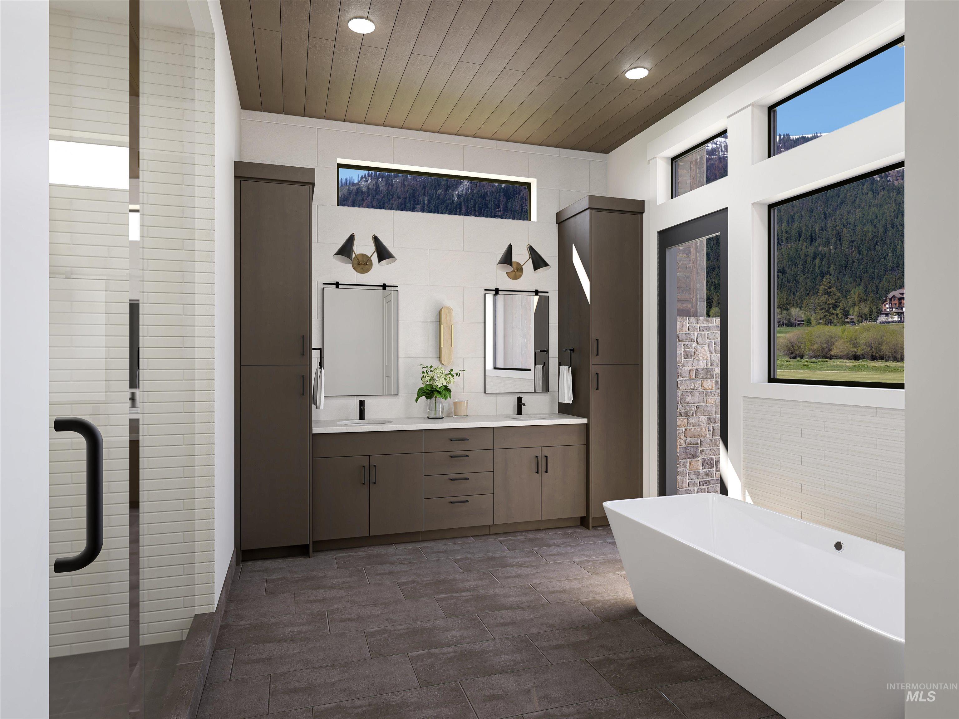 Digital Rendering. Contemporary bathroom featuring a freestanding soaking tub, expansive windows, dual vanity with integrated storage, a glass-enclosed shower, and wood-finish ceiling accents