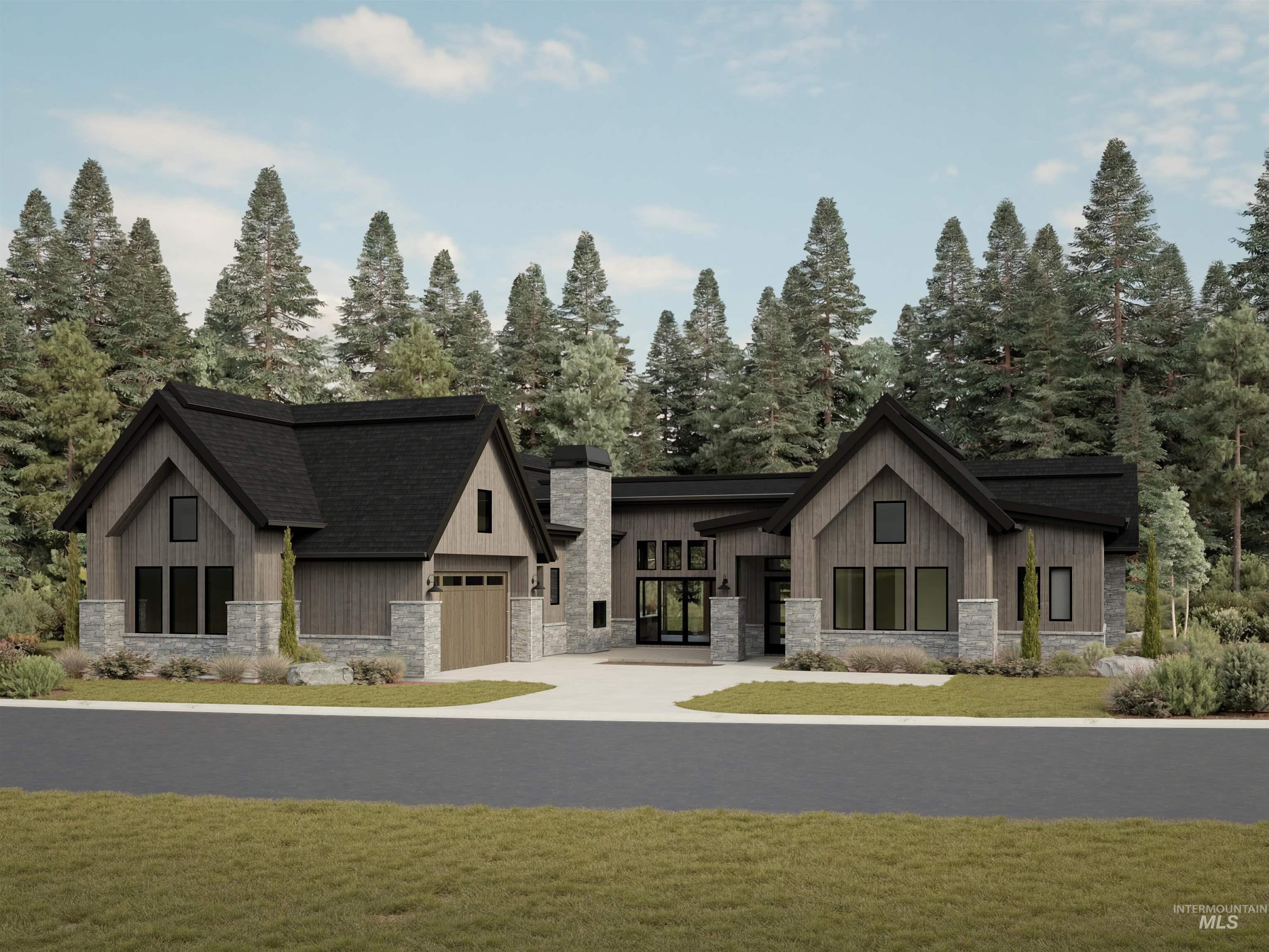 Digital Rendering. Modern home featuring a dark shingle roof and wood siding