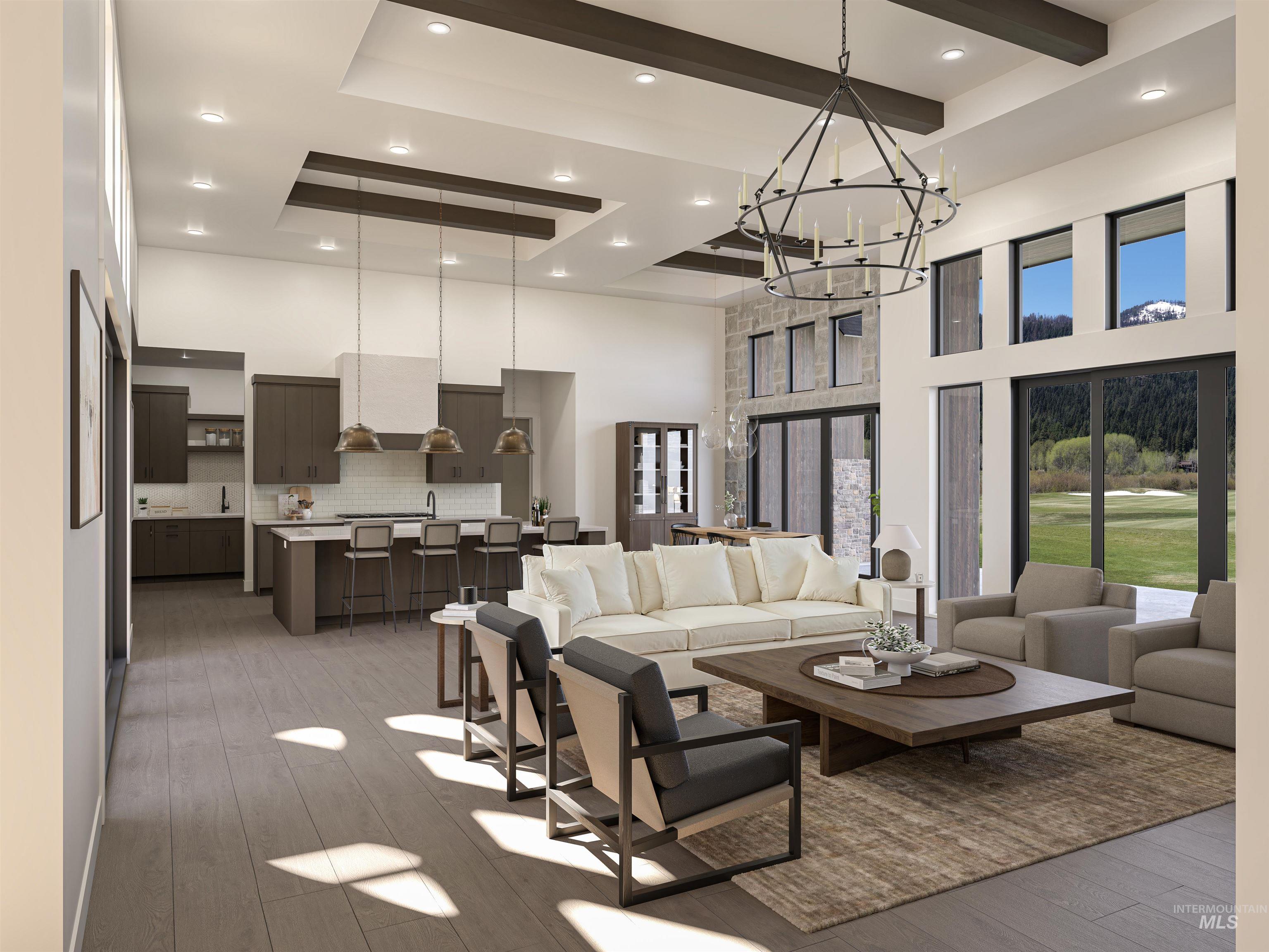 Digital Rendering. Expansive living area featuring a high vaulted ceiling with exposed beams, wood-finish flooring, and abundant natural light