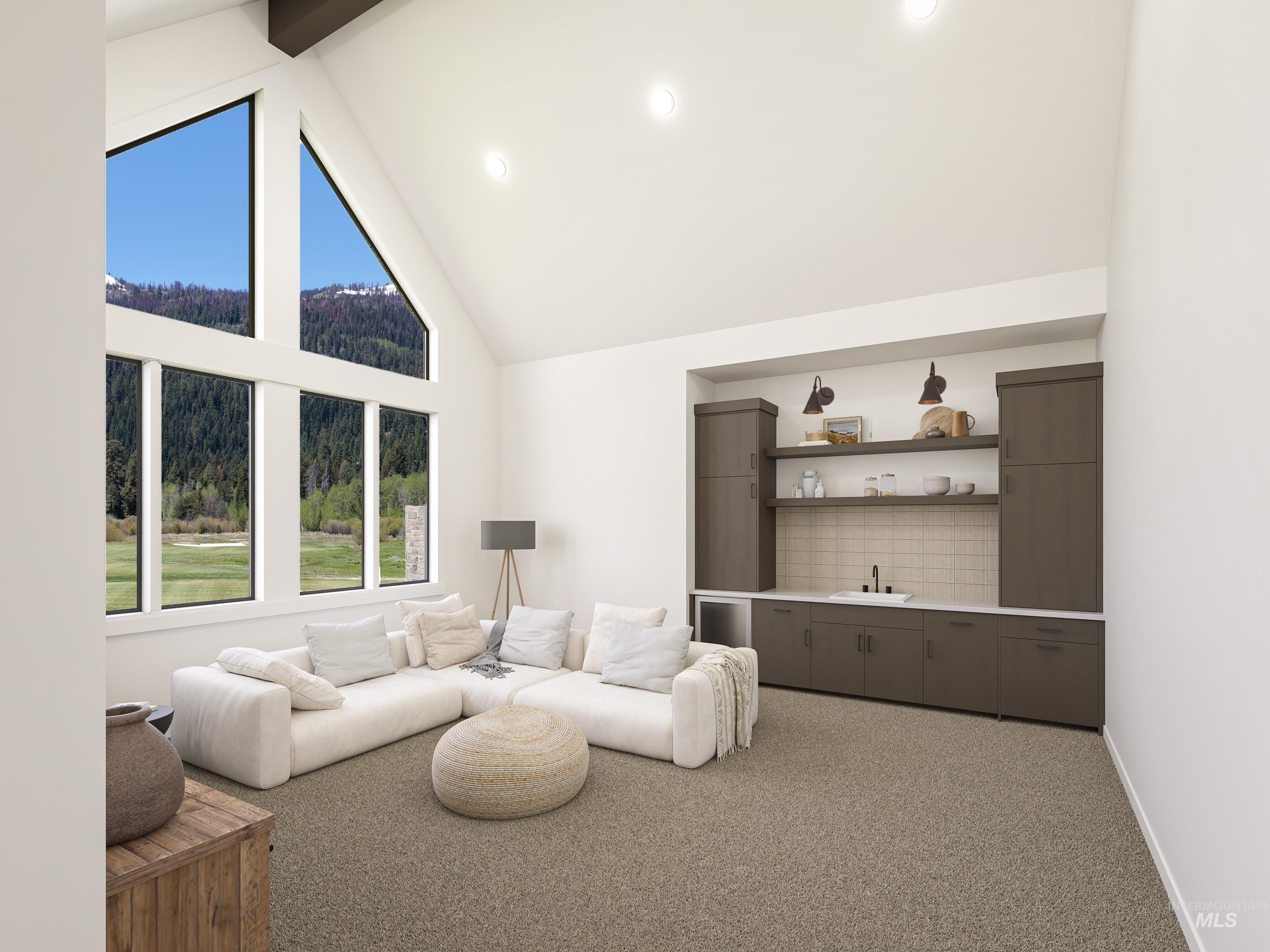 Digital Rendering. Vaulted ceilings with recessed lighting, large picture windows, a built-in wet bar with a white countertop and tile backsplash, and dark wood-finish cabinetry