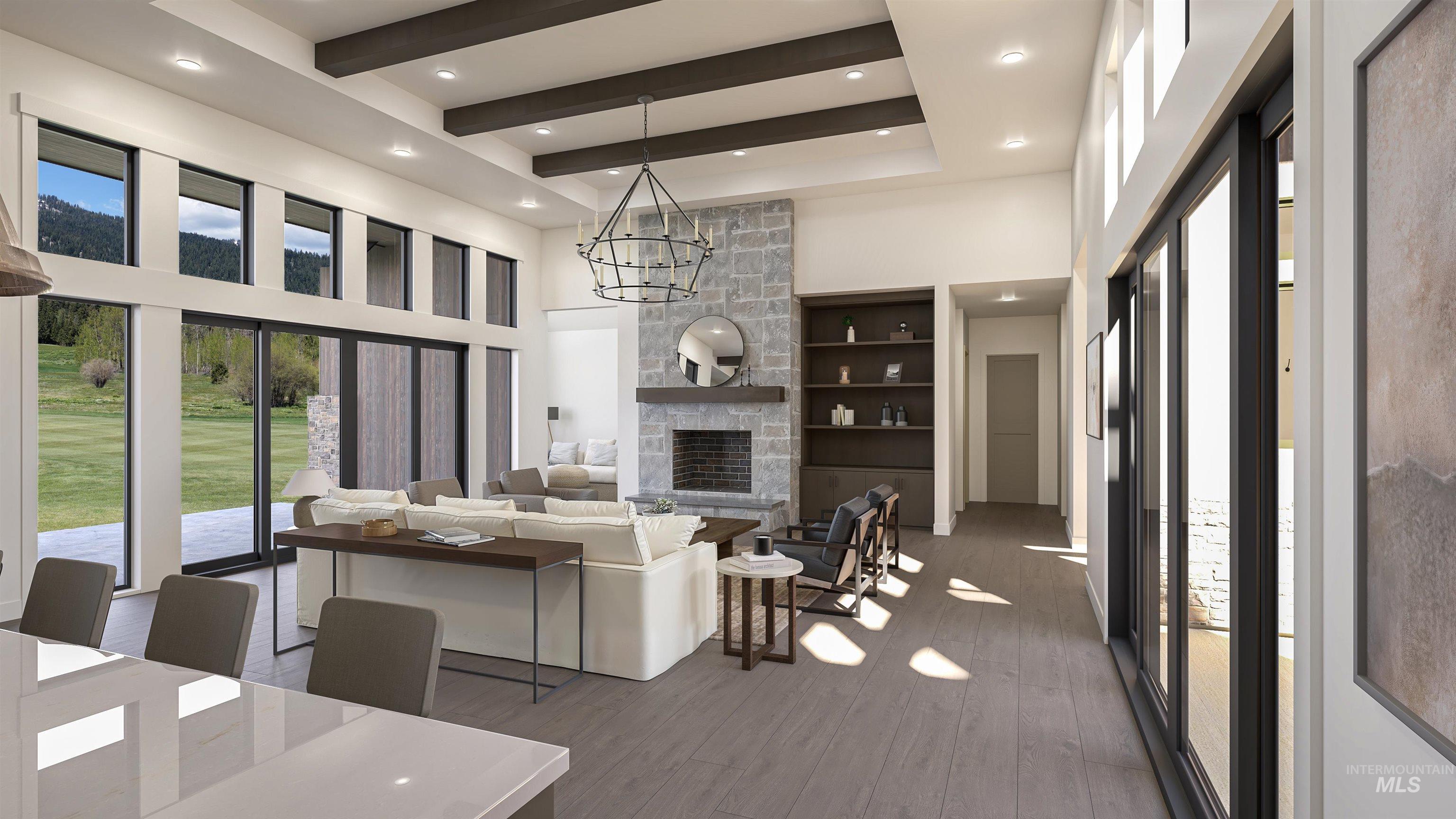 Digital Rendering. Spacious interior featuring a stone fireplace, wood-finish flooring, exposed ceiling beams, built-in shelving, and extensive window walls
