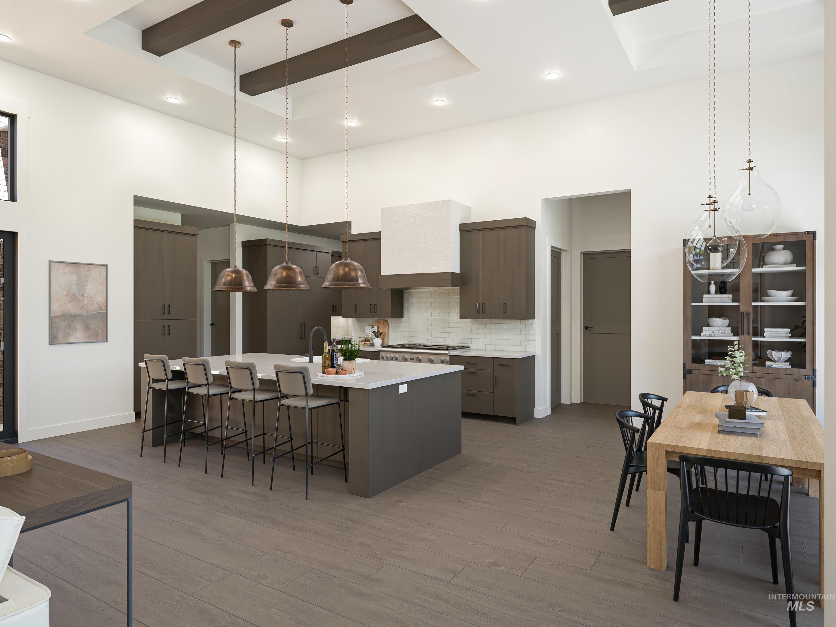 Digital Rendering. Open-concept kitchen featuring an oversized island with seating, dark wood-finish cabinetry, and light wood-finish flooring