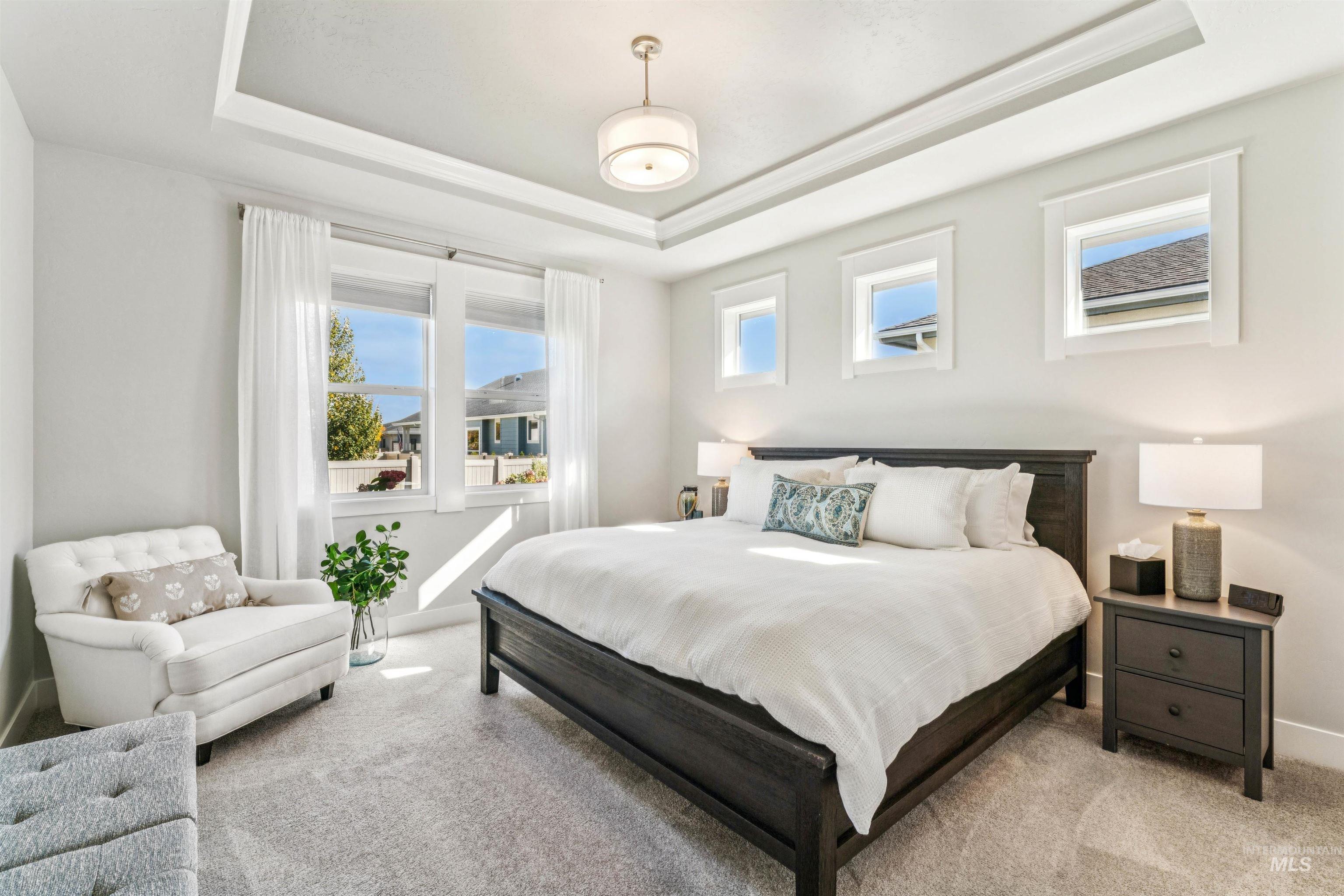 Bedroom with a tray ceiling and carpet floors