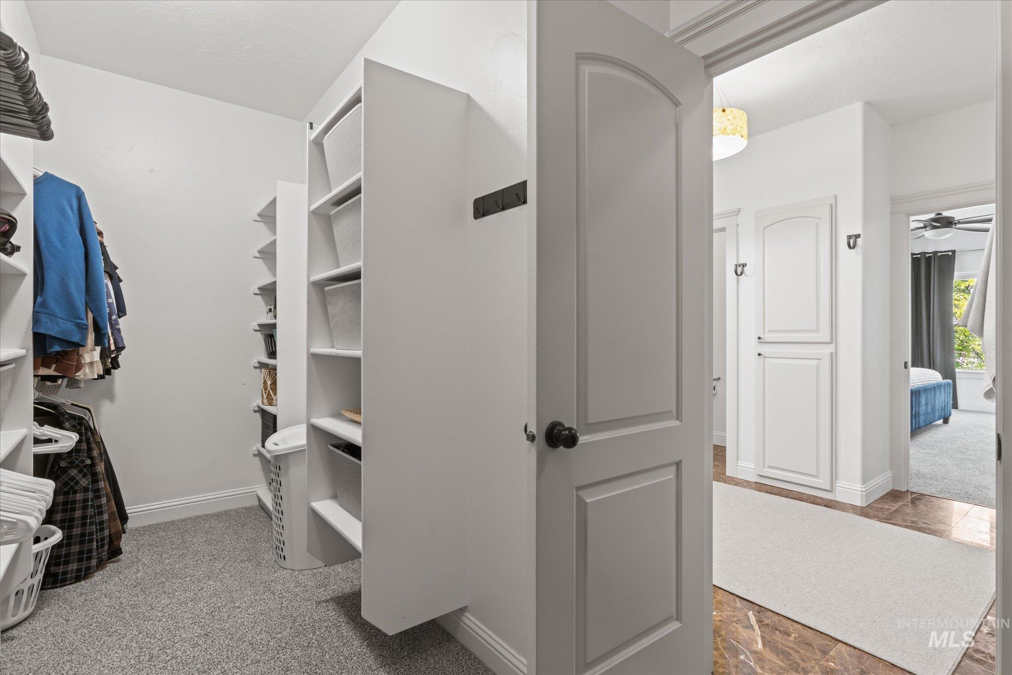 Walk-in closet featuring built-in shelving, hanging rods, carpet flooring, and a solid core door with a dark knob