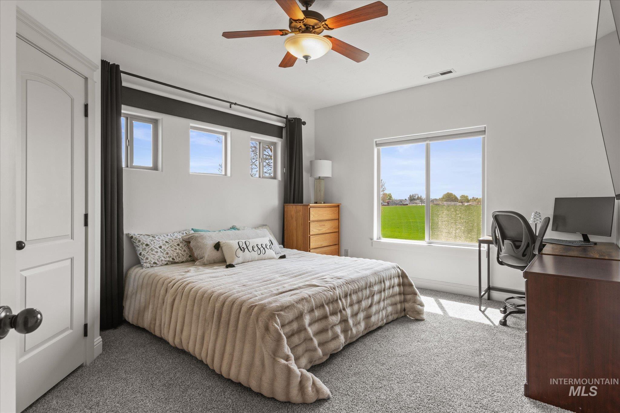 Bright bedroom featuring multiple windows, a ceiling fan with integrated lighting, and neutral-toned carpeting