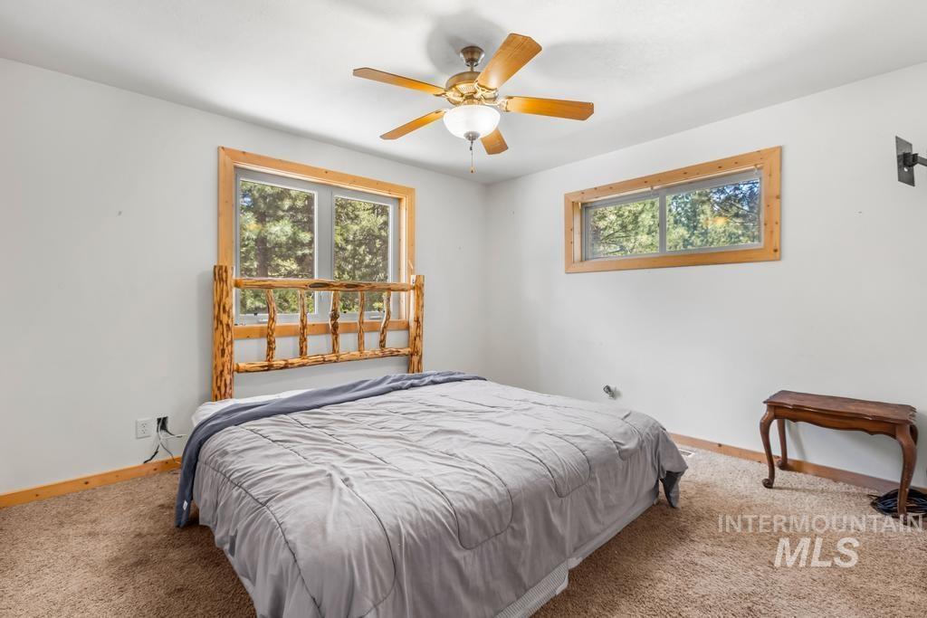 Bedroom with multiple windows, carpet, and ceiling fan